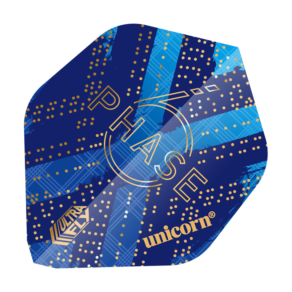 Das Bild zeigt ein Dart-Flight mit einem blauen Design und goldenen Punkten. Auf dem Flight stehen die Wörter "PHASE", "ULTRA FLY" und "unicorn".