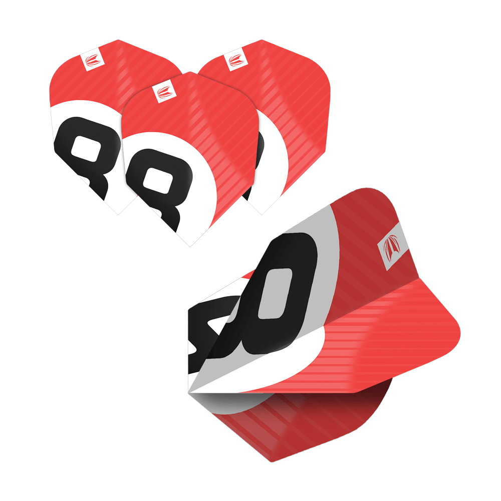Das Bild zeigt fünf Sets der Target Pro Ultra Chicane Multipack No6 Flights. Die Flights sind rot, weiß und schwarz mit einer markanten Nummer und Logo gestaltet.