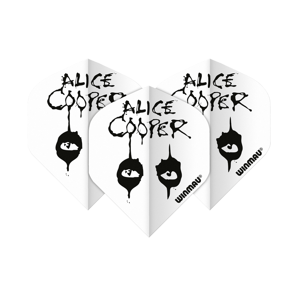 Das Bild zeigt drei Dartflights mit dem Aufdruck „Alice Cooper“ und einem schwarzen Auge-Motiv. Die Flights sind in Weiß gehalten und tragen unten das Winmau-Logo.