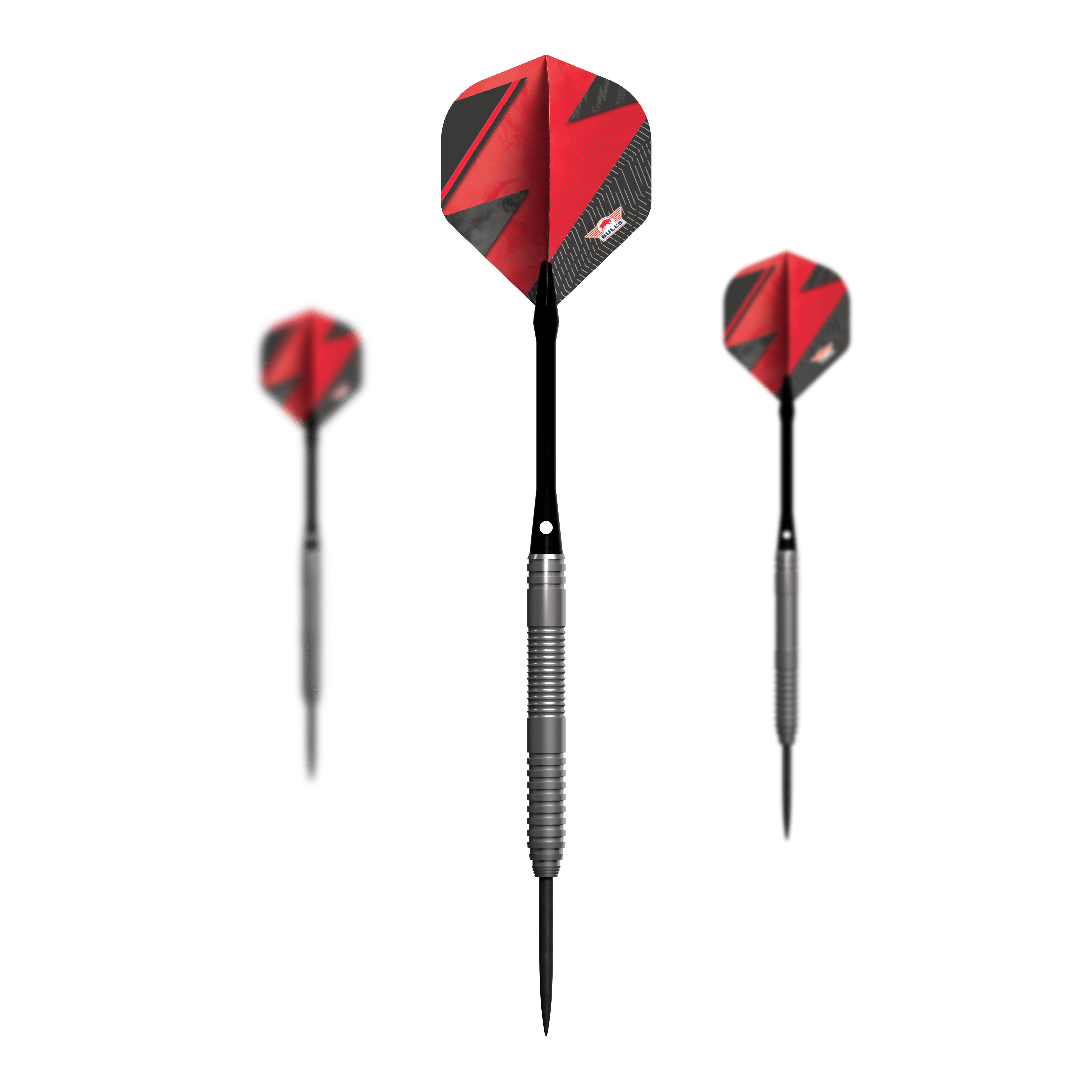 Bulls NL Lightning Red Steeldarts Das Bild zeigt drei Steeldarts mit silbernen Griffen und roten Flights. Es handelt sich um das Produkt "Bulls NL Lightning Red Steeldarts".