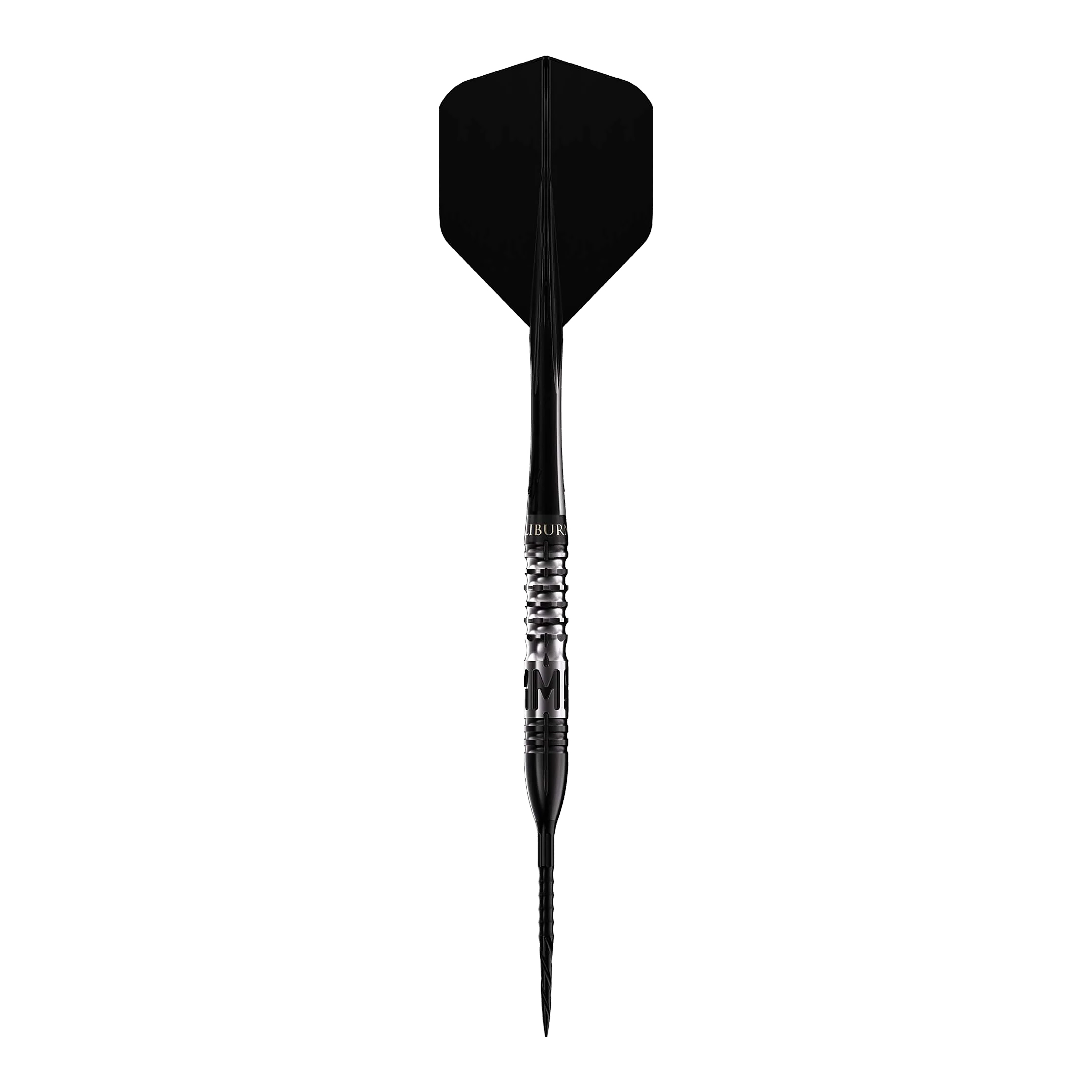 Caliburn Player MAK Steeldarts Das Bild zeigt einen Steeldart mit schwarzer Spitze und schwarzer Flugfahne. Es handelt sich um das Produkt "Caliburn Player MAK Steeldarts - 23,5g".