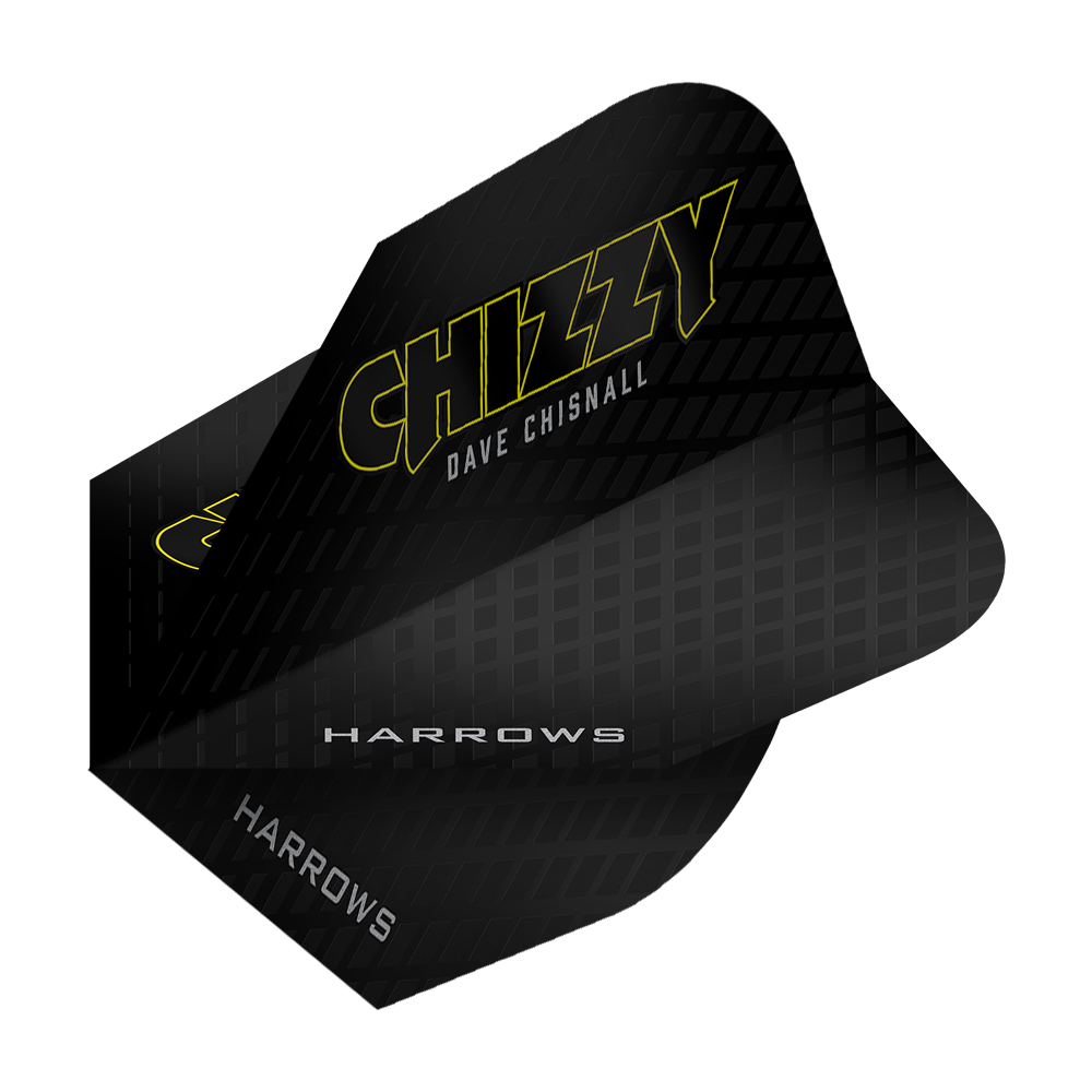 Harrows Dave Chisnall Chizzy Series 3 Flights Das Bild zeigt das Produkt „Harrows Dave Chisnall Chizzy Series 3 Flights“. Die Flights sind schwarz mit gelber Schrift und tragen den Namen „Chizzy“ sowie „Dave Chisnall“.