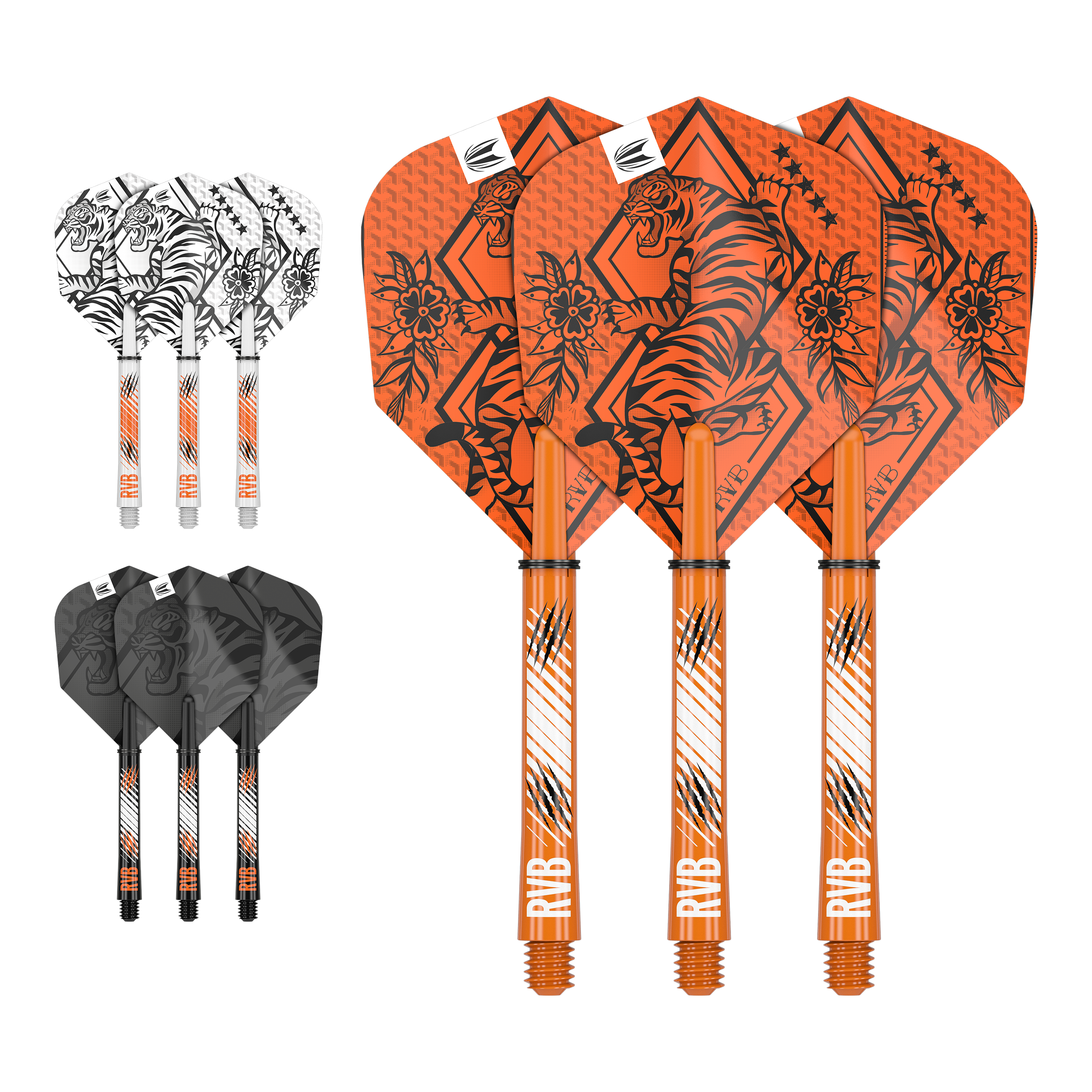 Auf dem Bild sind drei Sets von Dart-Flights und Schäften in den Farben Orange, Weiß und Schwarz zu sehen. Jedes Set ist mit einem Tiger-Design und den Initialen "RVB" verziert.