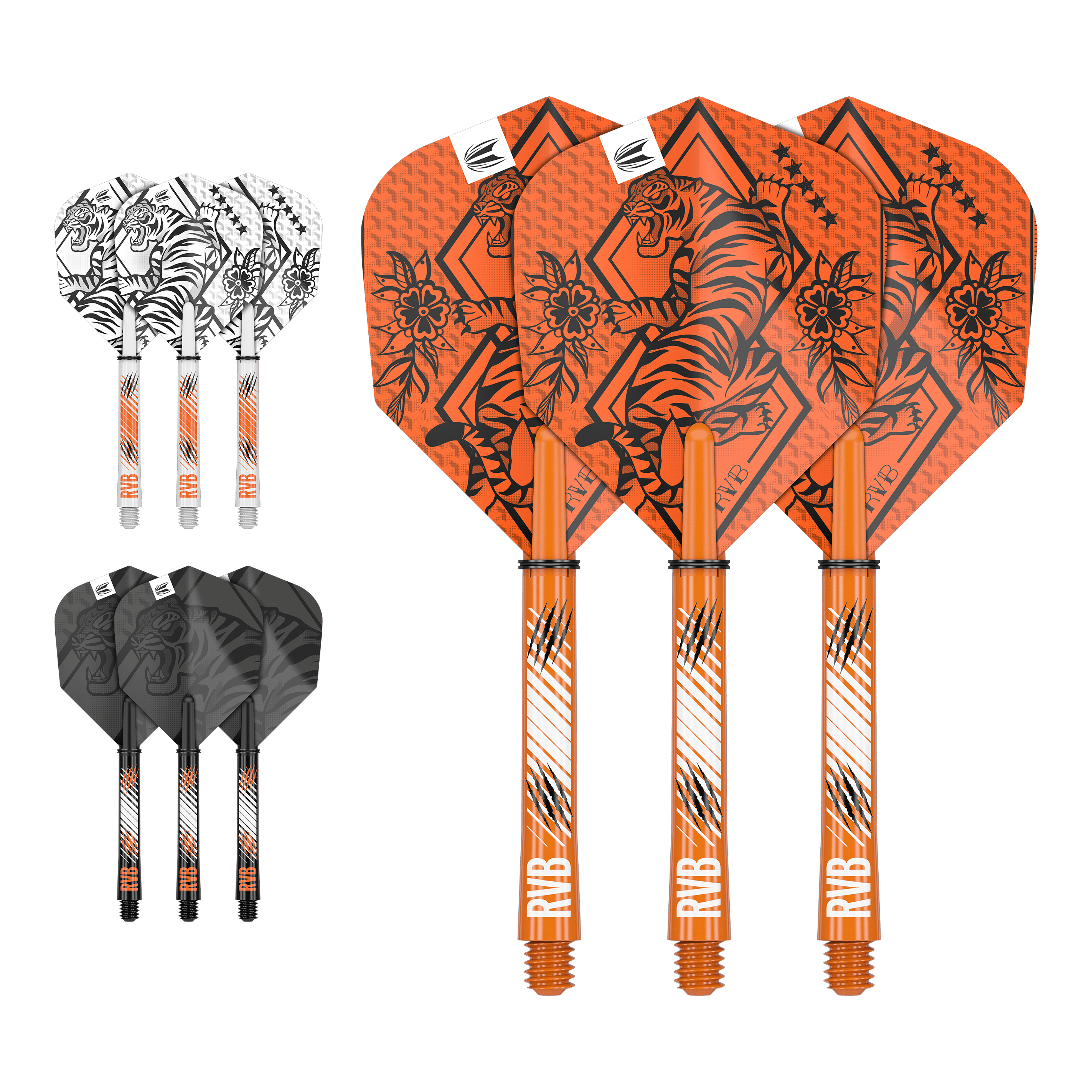 Target Ink Flight Shaft Kit Raymond Van Barneveld Auf dem Bild sind drei Sets von Dart-Flights und Schäften in den Farben Orange, Weiß und Schwarz zu sehen. Jedes Set ist mit einem Tiger-Design und den Initialen "RVB" verziert.