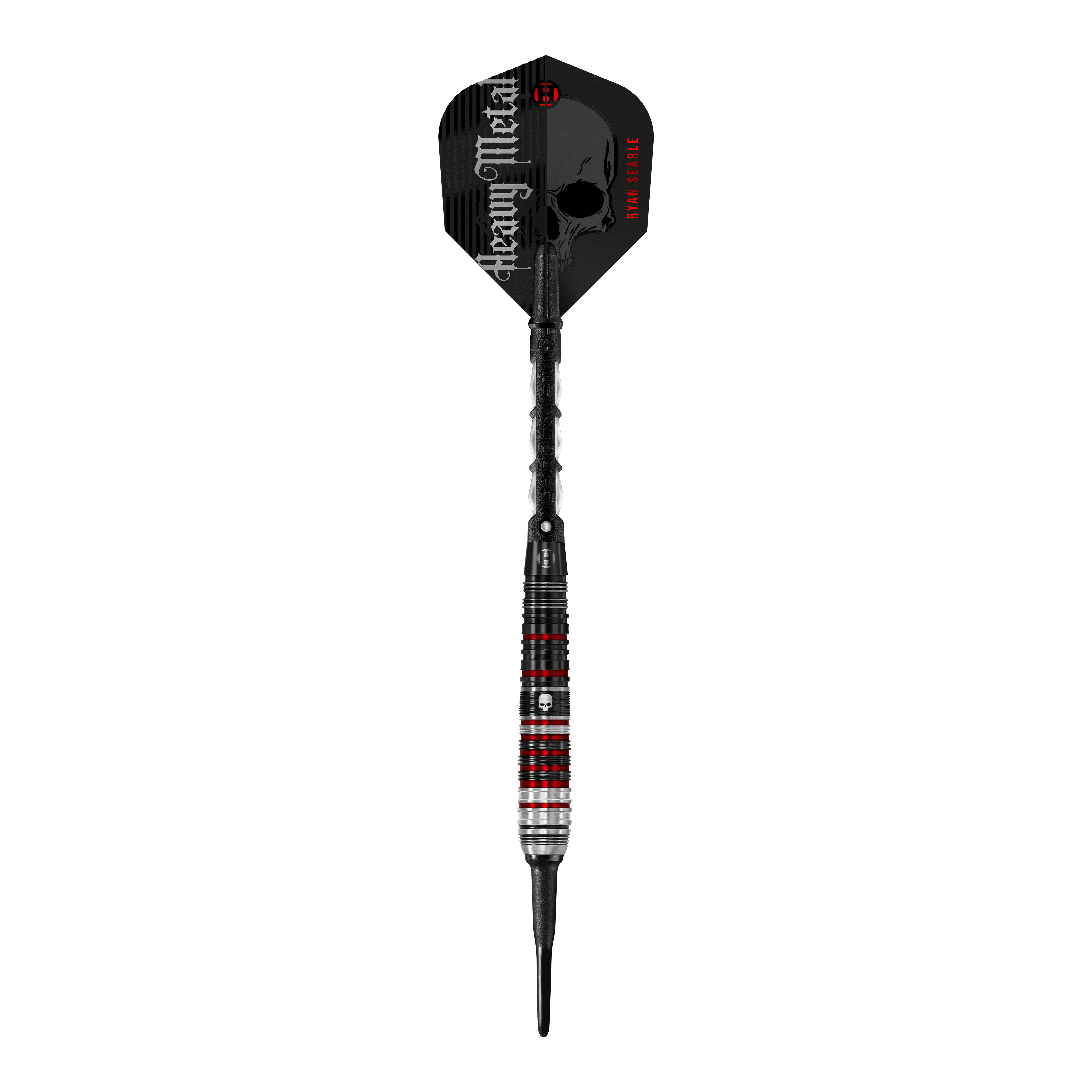 Das Bild zeigt einen Harrows Ryan Searle Heavy Metal Series 2 Softdart. Der Dartpfeil hat ein auffälliges Design mit schwarzen, roten und silbernen Akzenten sowie der Aufschrift "Heavy Metal" auf dem Flight.