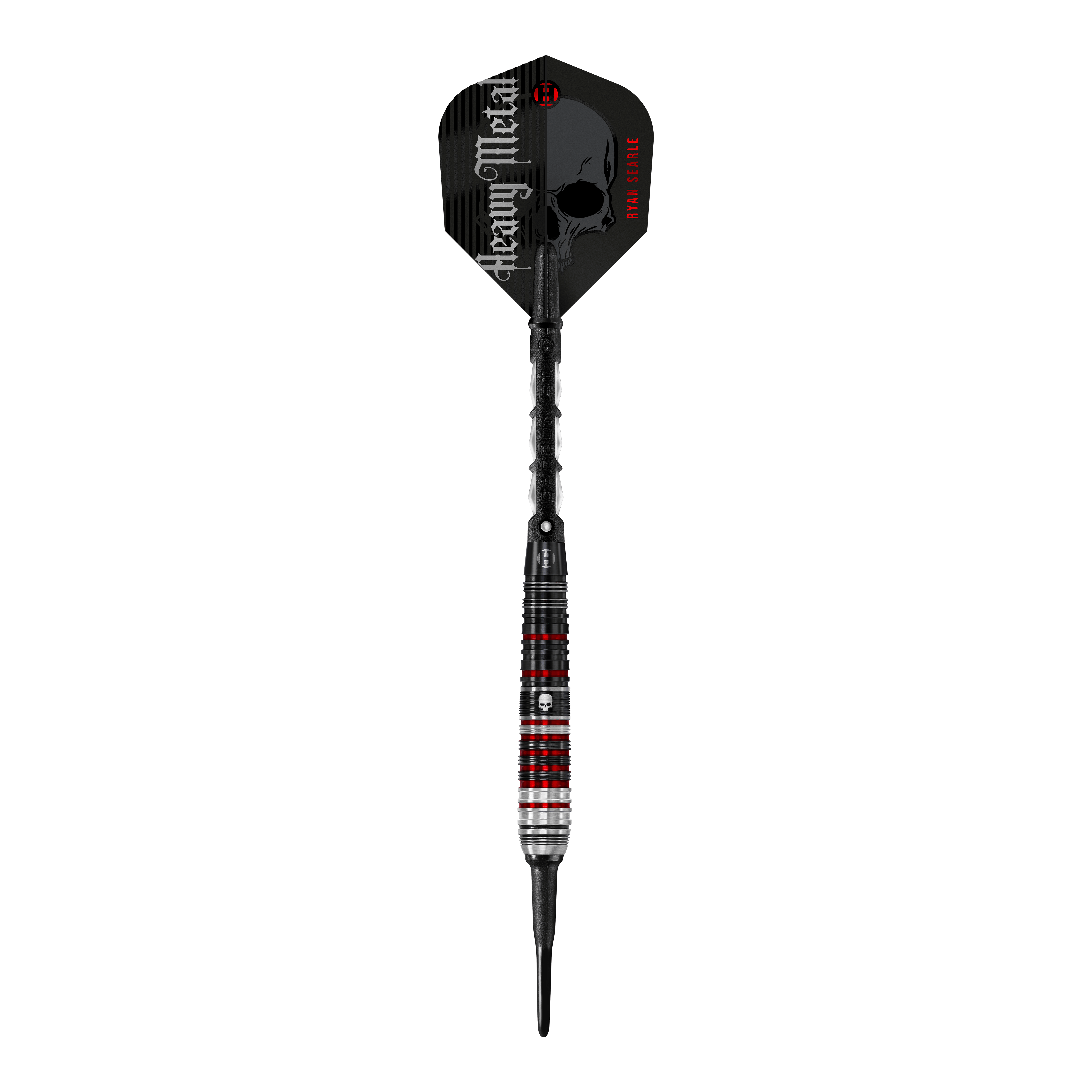 Harrows Ryan Searle Heavy Metal Series 2 Softdarts Das Bild zeigt einen Harrows Ryan Searle Heavy Metal Series 2 Softdart. Der Dartpfeil hat ein auffälliges Design mit schwarzen, roten und silbernen Akzenten sowie der Aufschrift "Heavy Metal" auf dem Flight.