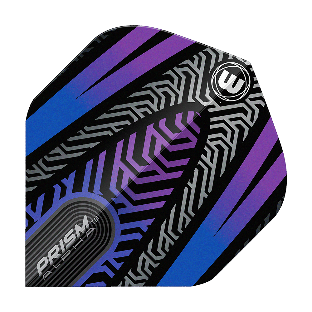 Das Bild zeigt ein Winmau Prism Alpha Schwarz Blau No2 Standard Flight. Das Flight hat ein auffälliges Muster in Blau, Lila, Schwarz und Silber mit geometrischen Linien und dem Winmau-Logo.