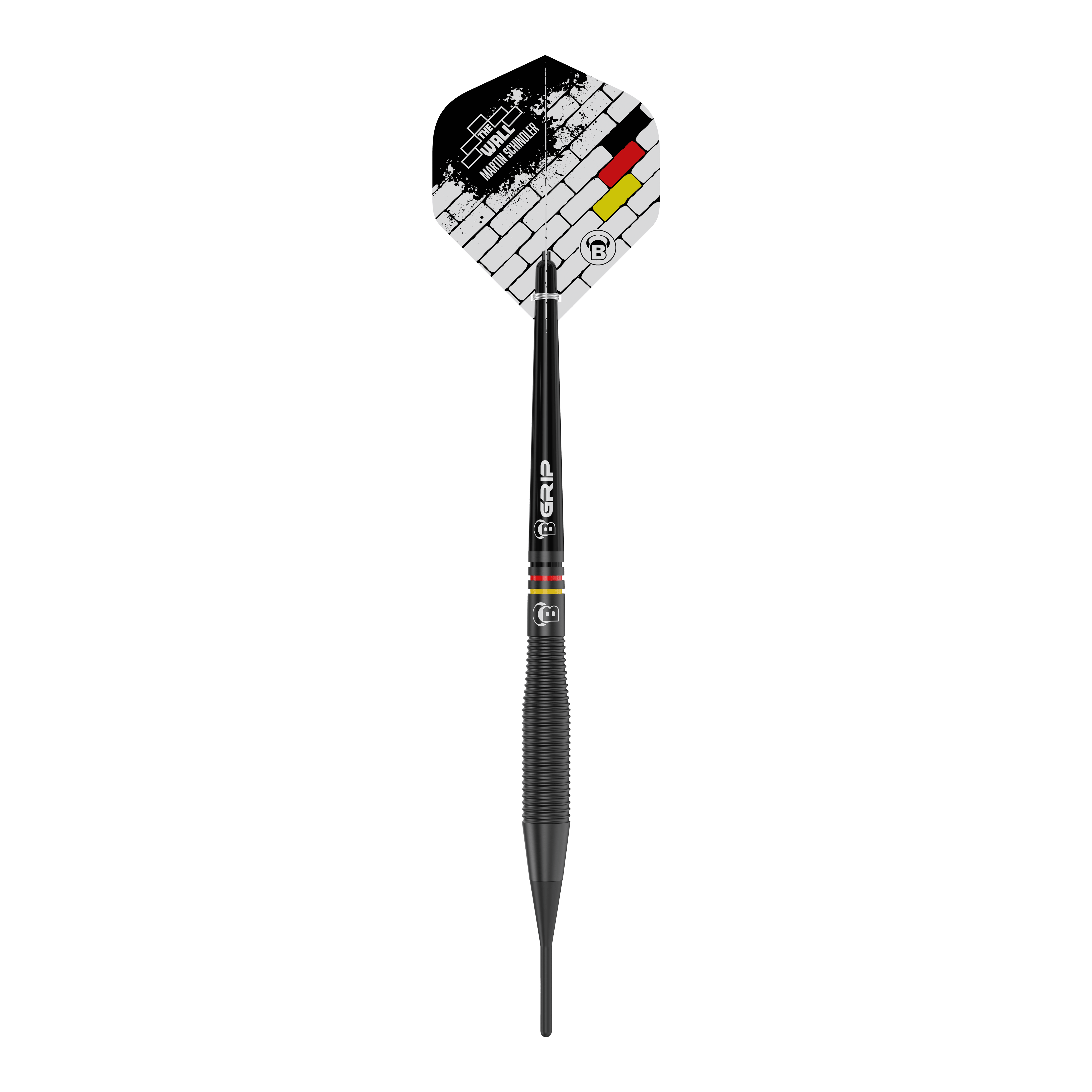 Bulls Martin Schindler The Wall Black Brass Softdarts - 18g Dies ist ein schwarzer Softdart namens "Bulls Martin Schindler The Wall Black Brass" mit einem Gewicht von 18 Gramm. Auf dem Flight sind ein Mauer-Design und die Farben der deutschen Flagge zu sehen.
