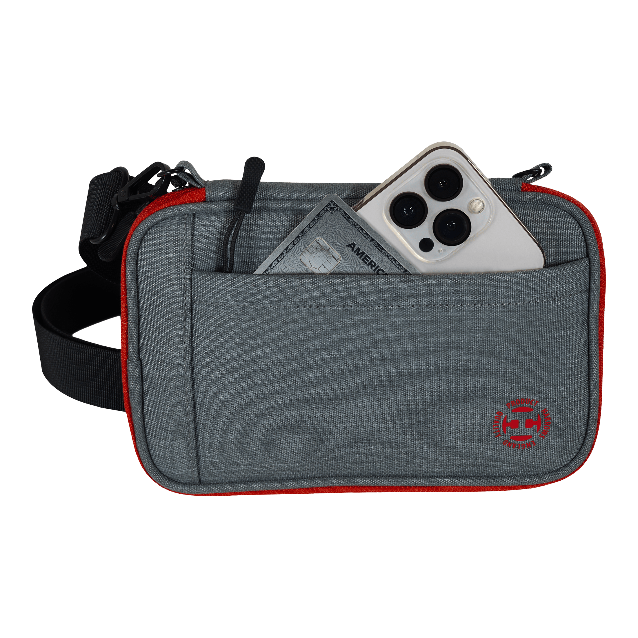 Harrows Smart Case XL Dartwallet Das Bild zeigt eine graue Tasche mit rotem Rand und einem schwarzen Gurt. In der Vordertasche stecken ein Smartphone und eine Kreditkarte.