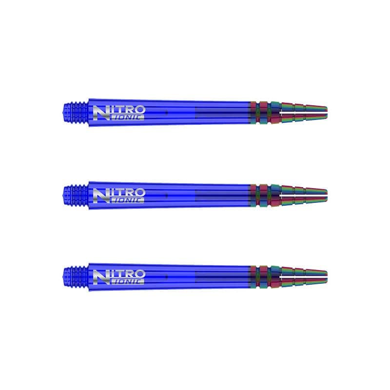 Auf dem Bild sind drei blaue RedDragon Nitrotech Ionic Shafts zu sehen. Sie sind nebeneinander angeordnet und haben ein glänzendes, metallisches Aussehen.