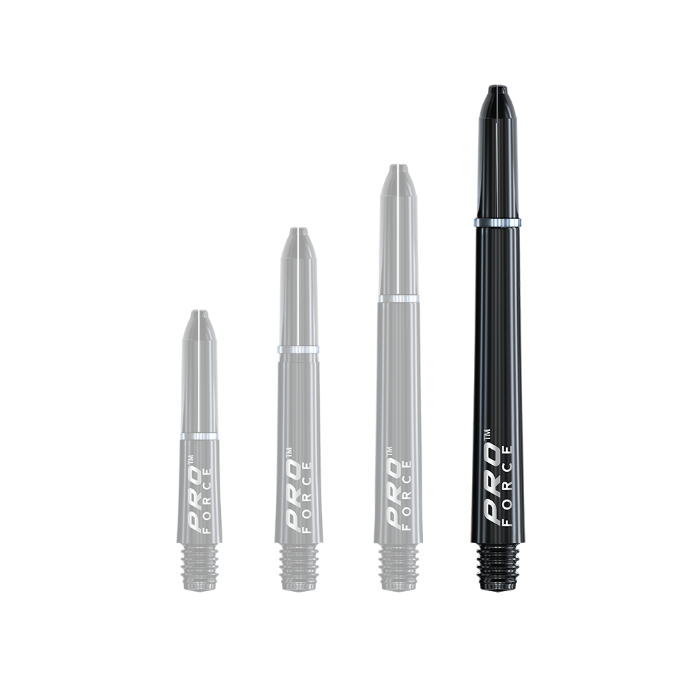 Das Bild zeigt vier schwarze Winmau Pro-Force Shafts in verschiedenen Längen. Sie sind für den Einsatz bei Dartpfeilen geeignet.