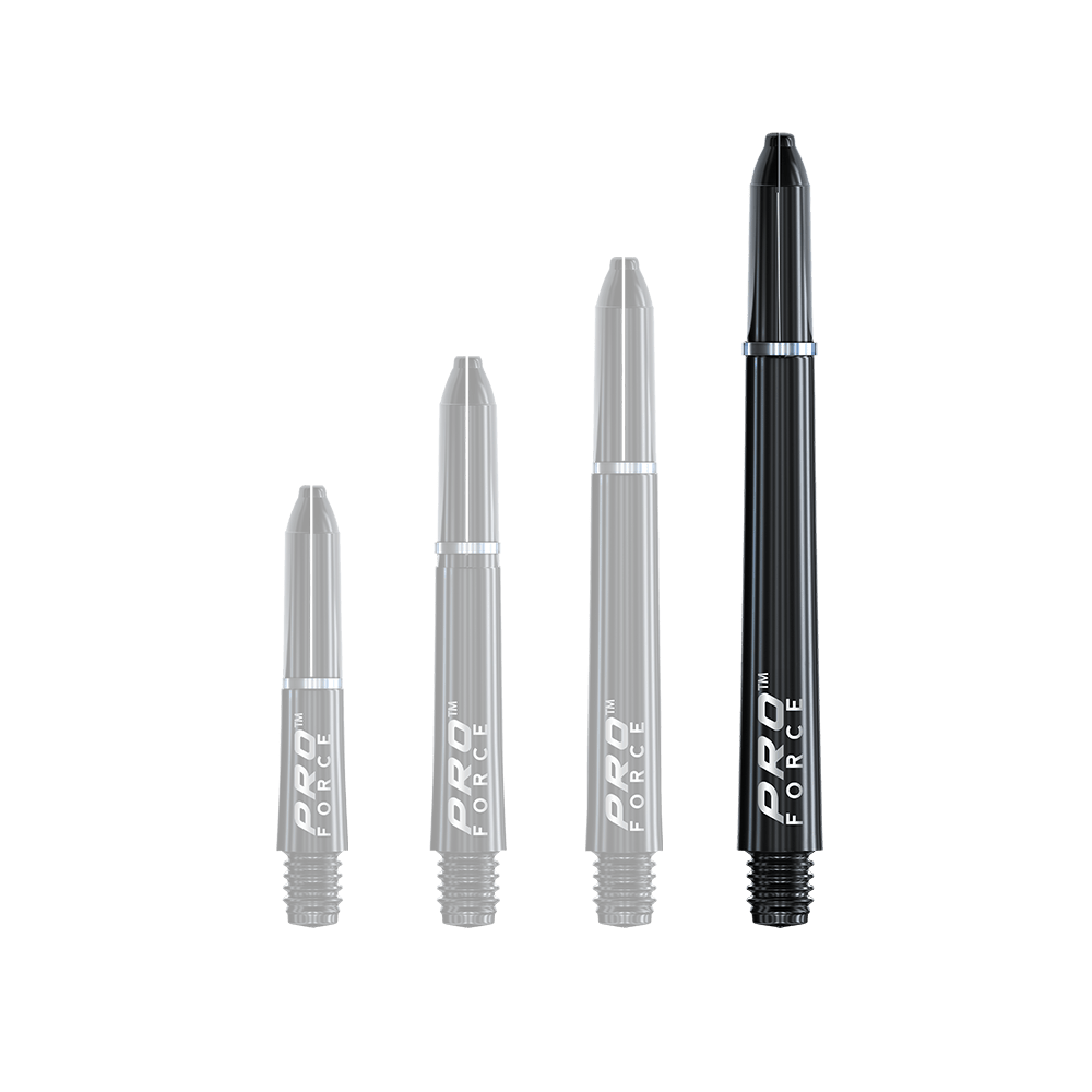 7011_201_Winmau_Pro-Force_Shafts_Schwarz_46mm_10ZykzNfs6DCNa Das Bild zeigt vier schwarze Winmau Pro-Force Shafts in verschiedenen Längen. Sie sind für den Einsatz bei Dartpfeilen geeignet.
