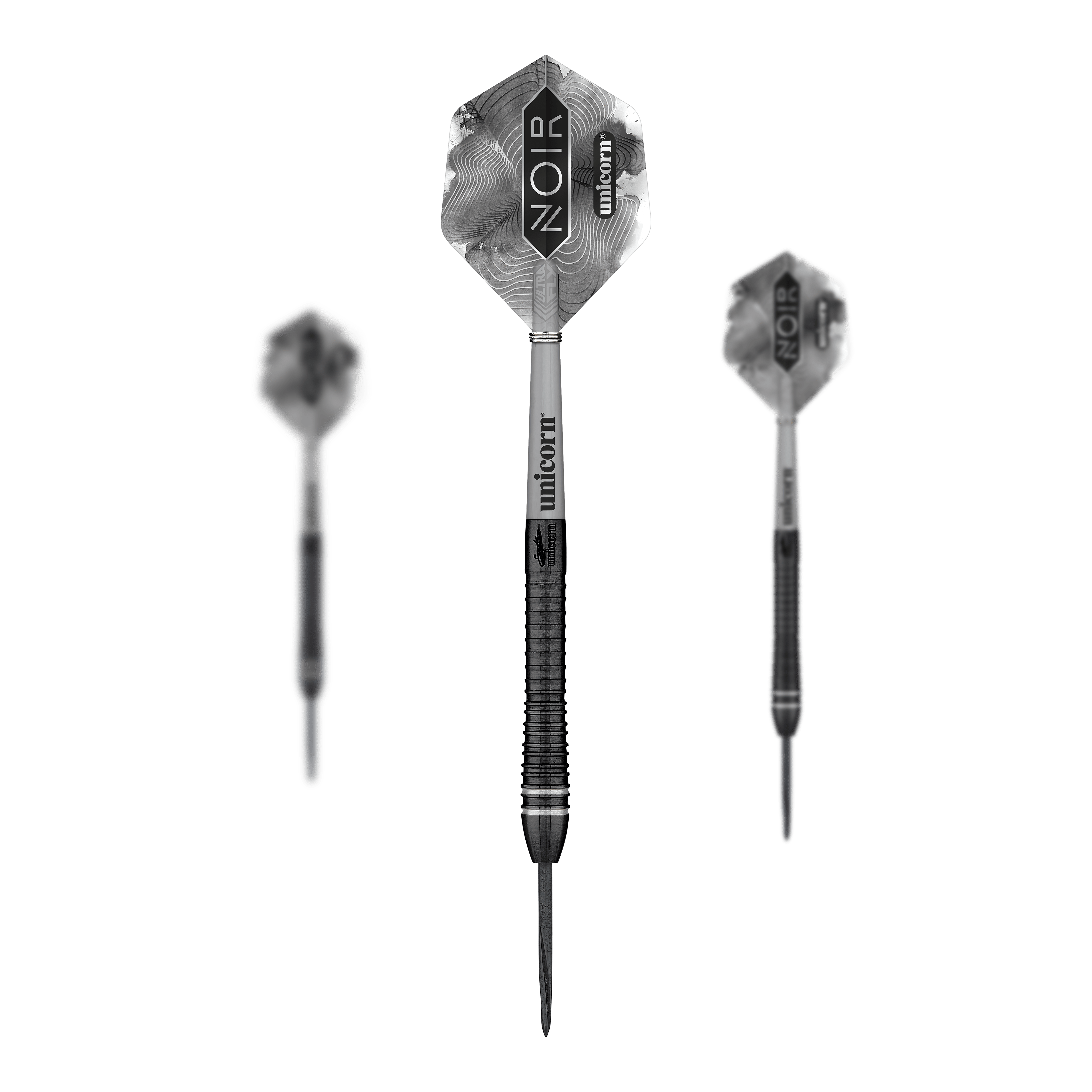 Das Bild zeigt drei Steeldarts des Modells „Unicorn World Champion Gary Anderson Noir Phase 6“. Die Pfeile sind schwarz-silber und tragen die Aufschrift „NOIR“ und „unicorn“ auf den Flights.