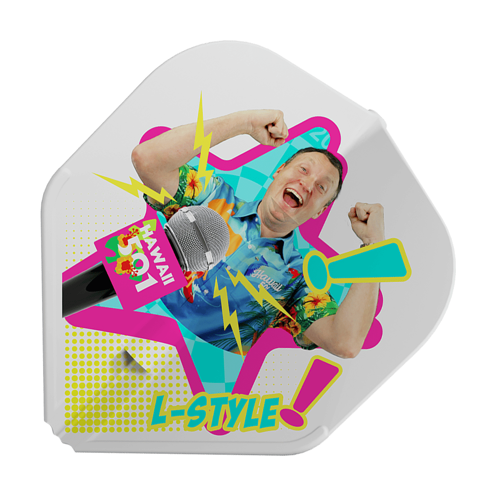 Das Bild zeigt das Produkt "L-Style Wayne Mardle Type B L1EZ White Flights" mit einem bunten Design. In der Mitte ist eine fröhliche Person abgebildet, umgeben von Mikrofon, Blitzen und dem Schriftzug "L-Style".