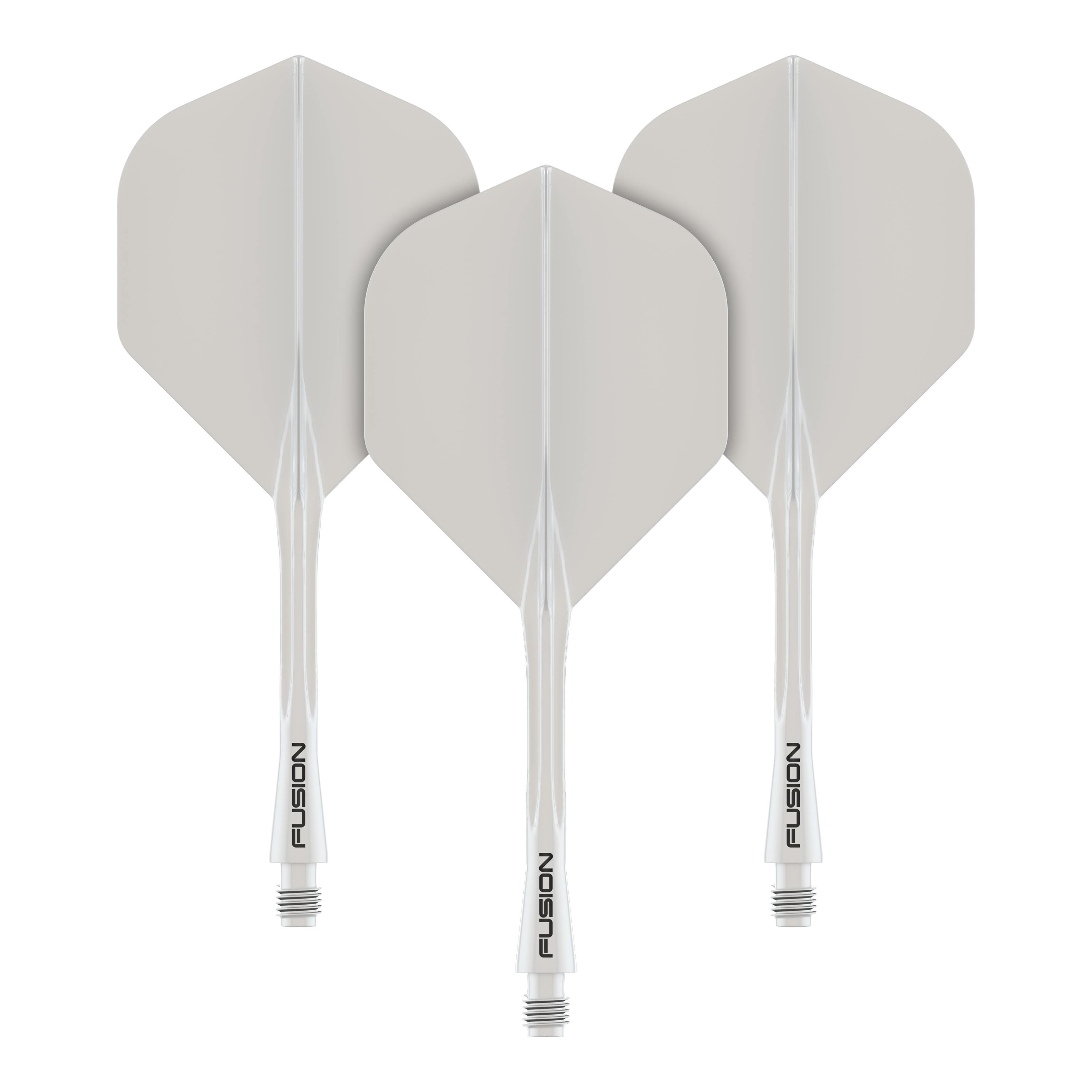 Das Bild zeigt drei weiße Dart-Flights mit integriertem Schaft. Auf den Schäften steht das Wort "Fusion" geschrieben.