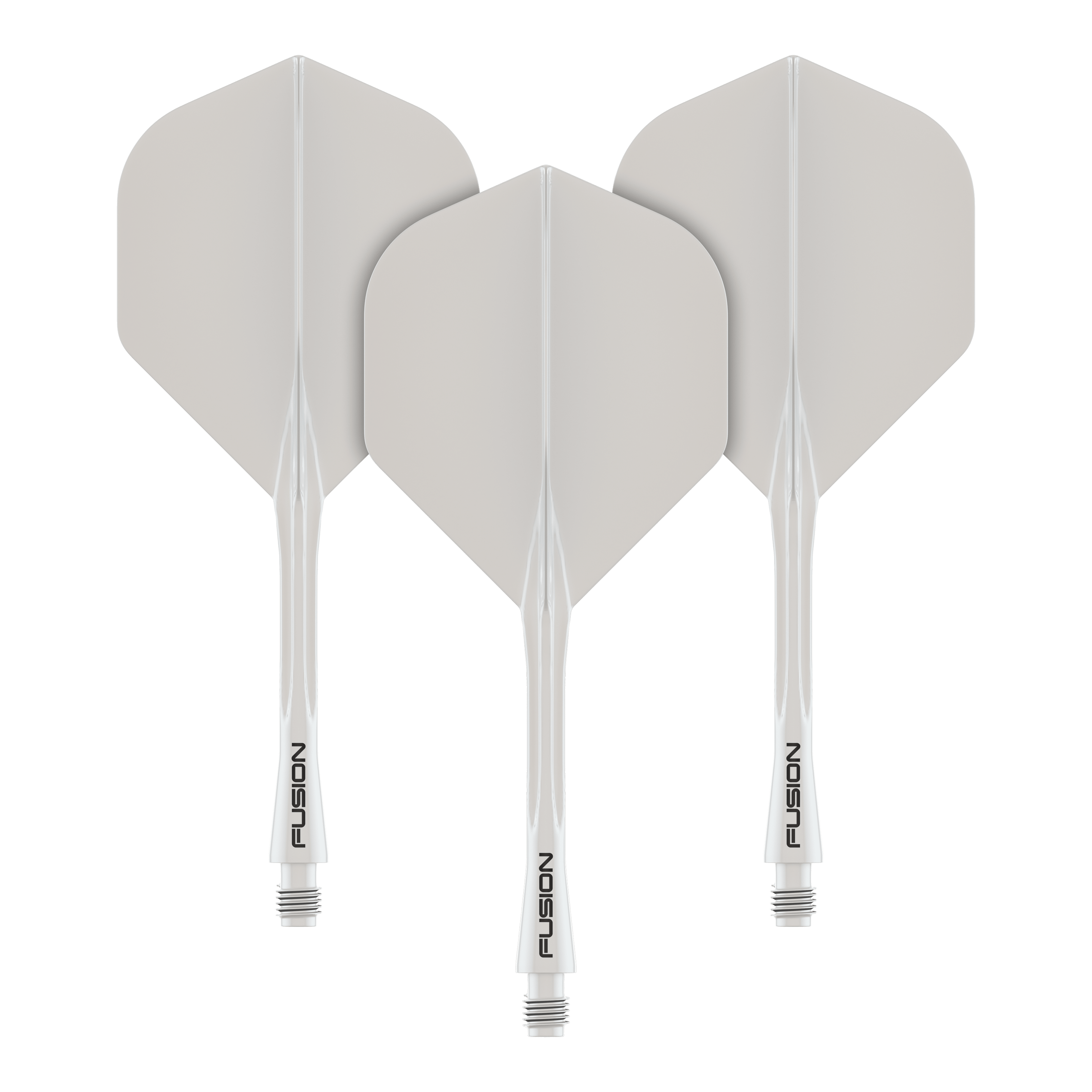 Winmau Fusion Flight Shaft System Standard Weiss Das Bild zeigt drei weiße Dart-Flights mit integriertem Schaft. Auf den Schäften steht das Wort "Fusion" geschrieben.