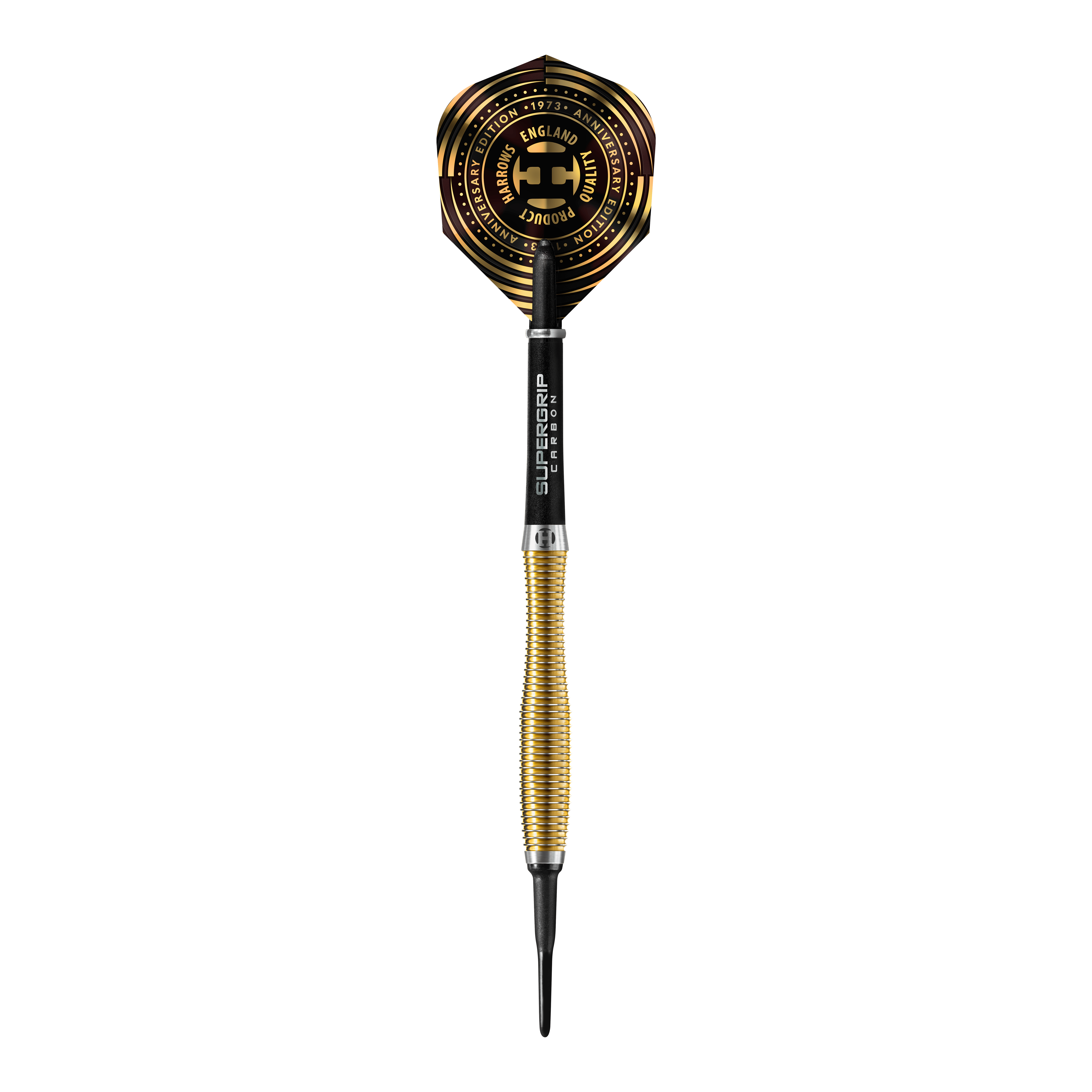 Harrows Anniversary Edition V-Wing Softdarts - 18g Das Bild zeigt einen Harrows Anniversary Edition V-Wing Softdart mit einem Gewicht von 18g. Der Dartpfeil hat einen goldfarbenen, gerillten Schaft und ein auffälliges Flight-Design in Schwarz und Gold.