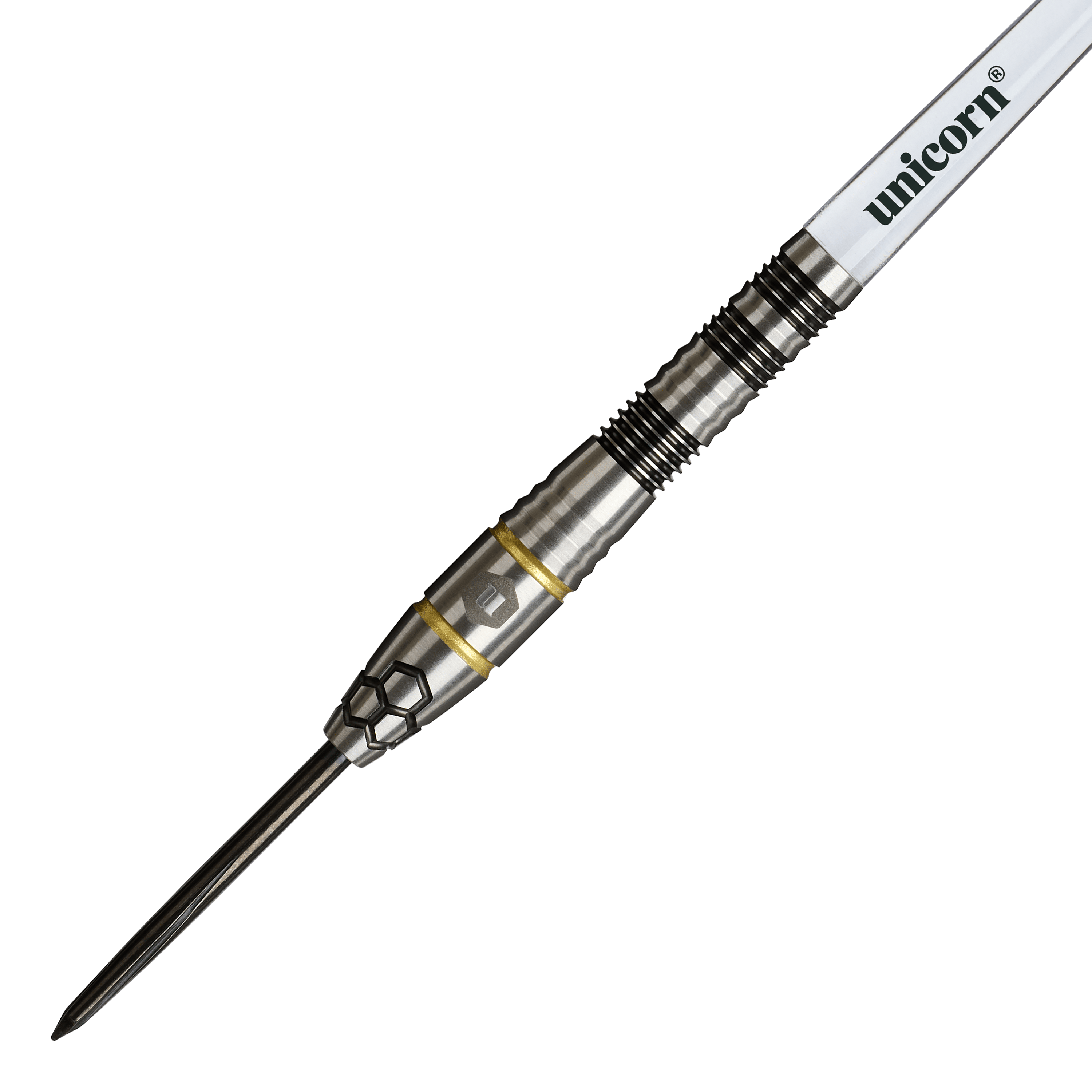Auf diesem Foto sind die Unicorn Hexium Style 01 Black & Gold Steeldarts zu sehen. Die Darts heben sich durch ihr elegantes Design in Schwarz und Gold hervor.