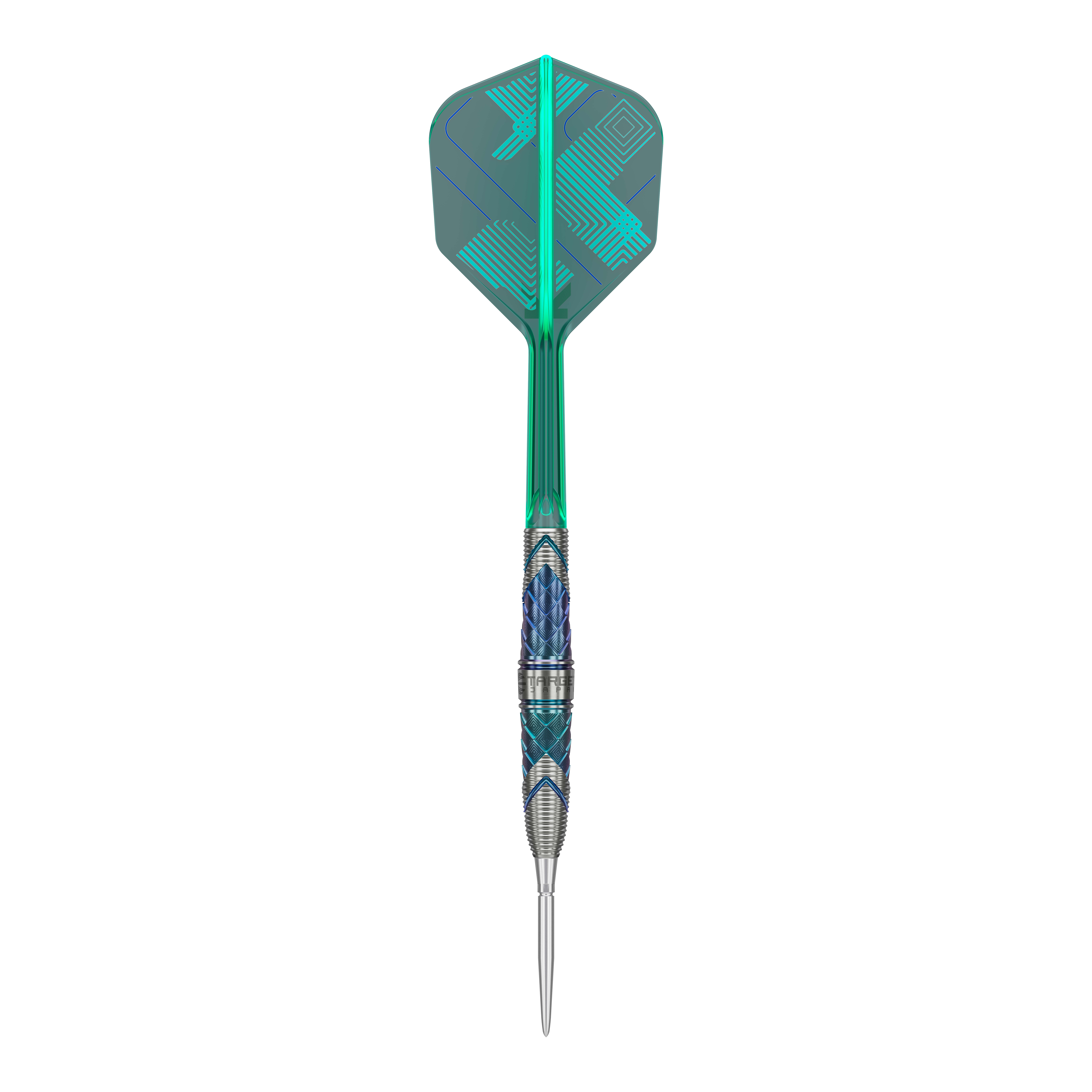 Auf dem Bild ist ein Steeldartpfeil mit dem Namen "Target Japan Kaze Series Ceros 01 Steeldarts - 23g" zu sehen. Der Pfeil hat ein auffälliges Design mit türkisfarbenen und blauen Elementen am Schaft und Flight.