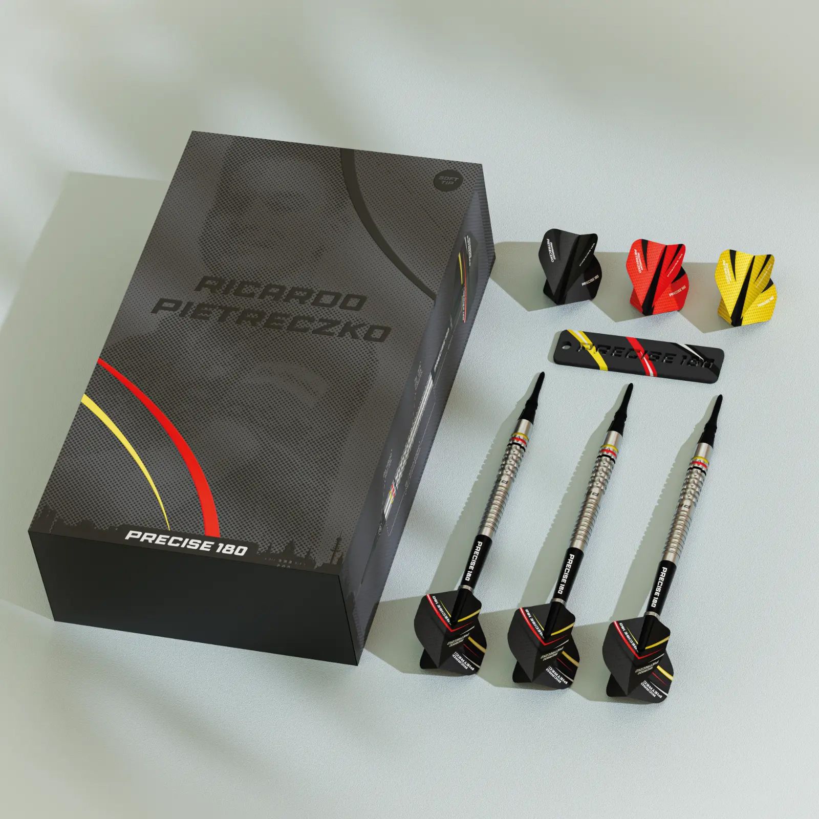 Zu sehen ist das Produkt Precise 180 Ricardo Pietreczko GEN1 Softdarts. Diese Darts wurden für professionelle Dartspieler entworfen.