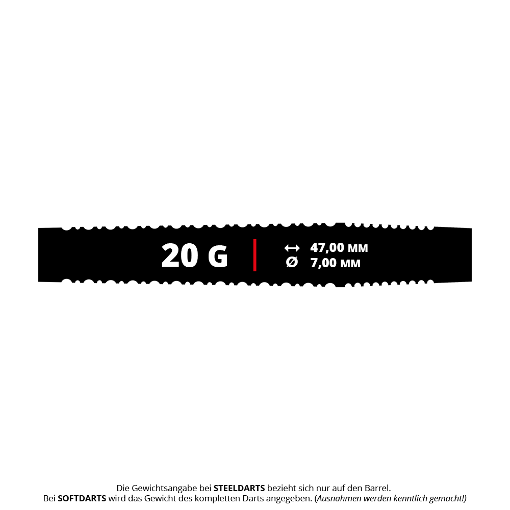Mission Nightfall Model 2 Softdarts - 19g Das Bild zeigt die Produktangaben der Mission Nightfall Model 3 Softdarts mit einem Gewicht von 20 Gramm. Die Darts haben eine Länge von 47,00 mm und einen Durchmesser von 7,00 mm.
