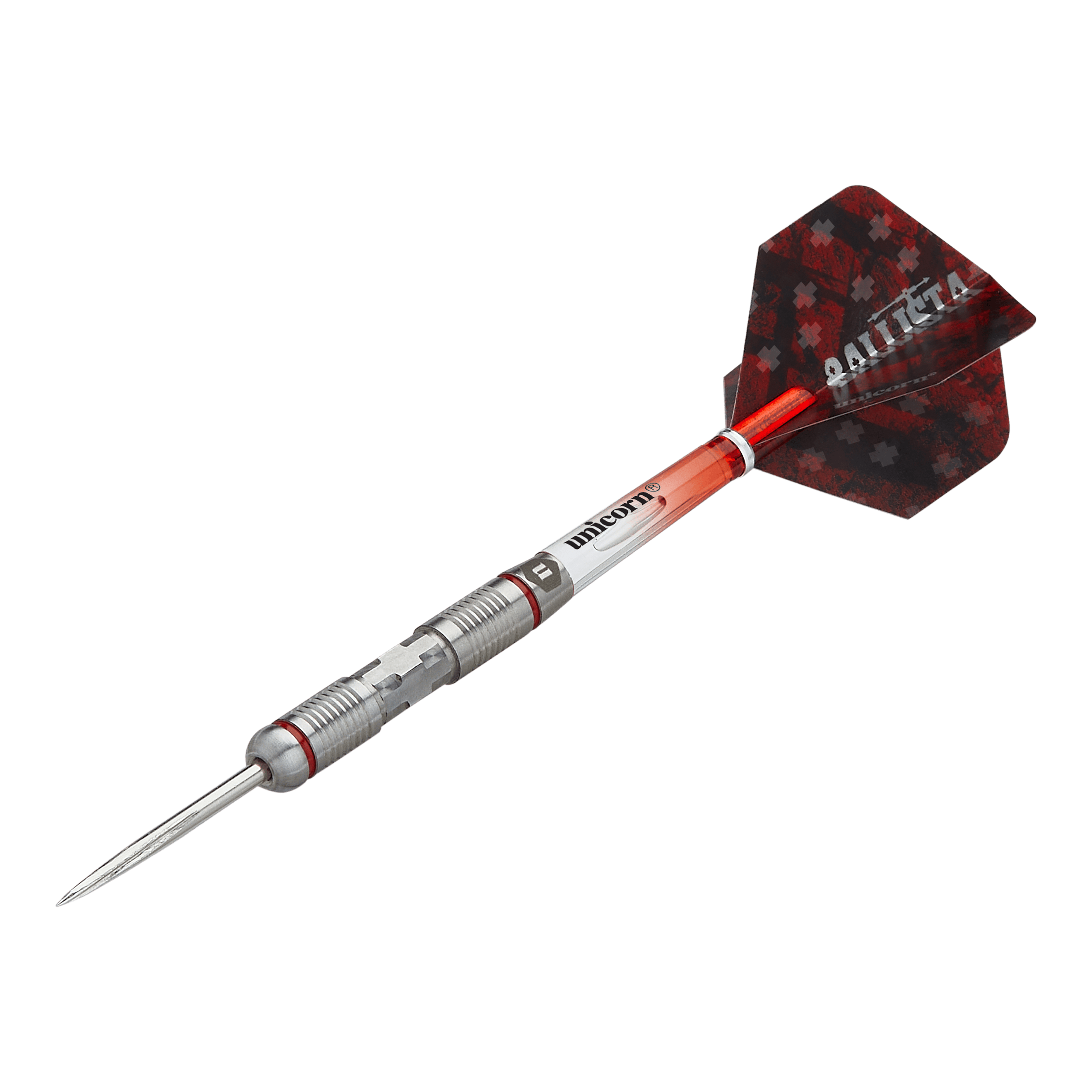 Unicorn Ballista Style 2 Steeldarts Das Bild zeigt den Steeldart "Unicorn Ballista Style 2". Der Dart hat einen silbernen Metallkörper mit roten Akzenten und schwarze Flights mit rotem Muster.