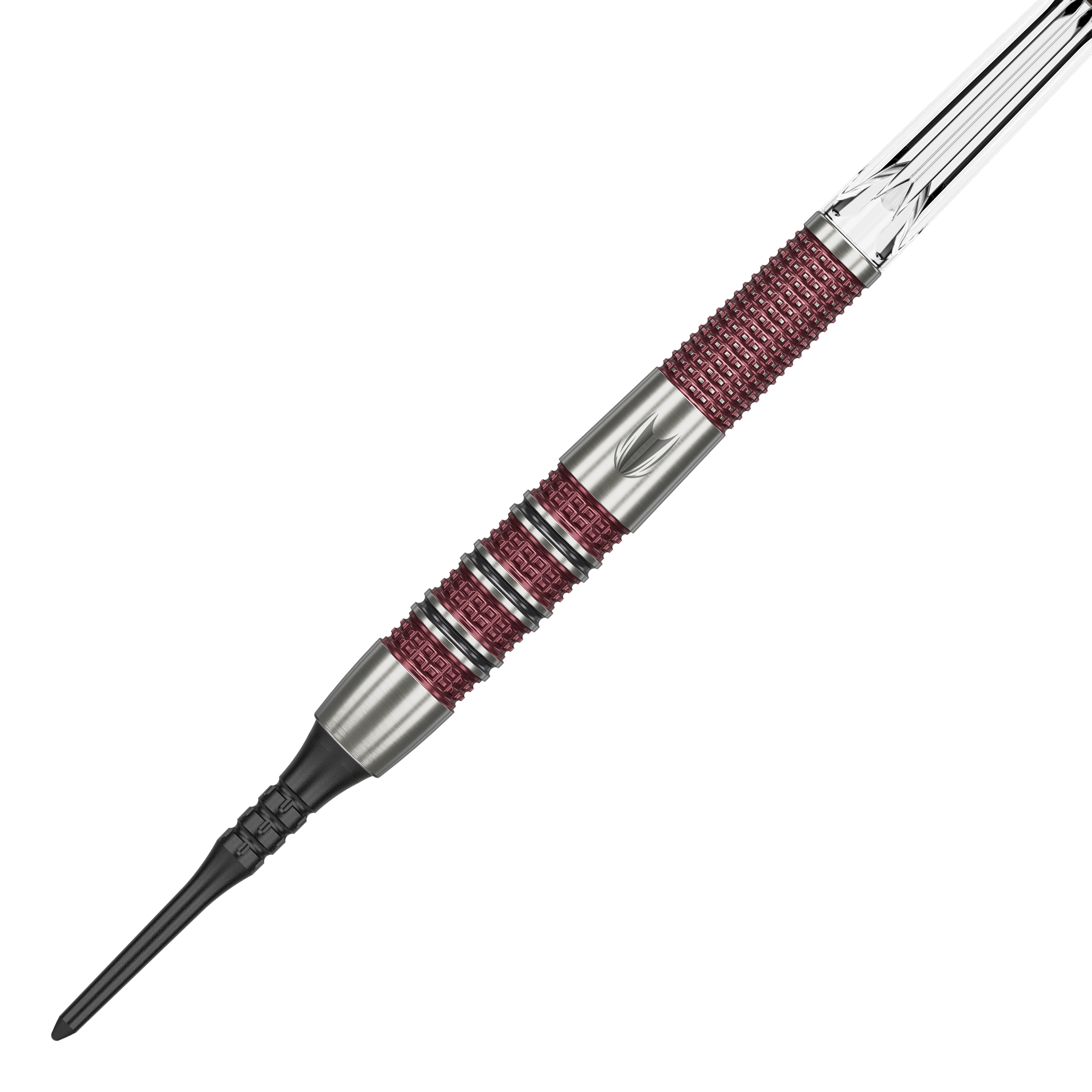 Target Stephen Bunting 95K Softdarts - 19g Das Bild zeigt einen Target Stephen Bunting 95K Softdart mit einem Gewicht von 19 Gramm. Der Dart hat ein silbernes und rotes Griffdesign mit einer schwarzen Softspitze.
