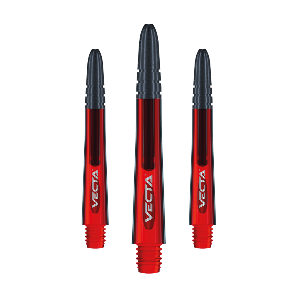 7025-203_Winmau_Vecta_Shafts_Rot_40mm_10SKgspeGSP8VK Auf dem Bild sind drei rote Winmau Vecta Shafts zu sehen. Die Schäfte haben schwarze Enden und tragen den Schriftzug "VECTA".