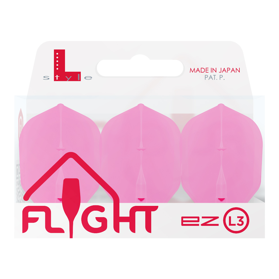 Die Abbildung zeigt eine Packung mit drei pinken Dartflights der Marke L-Style. Auf der Verpackung steht "FLIGHT" und "MADE IN JAPAN".