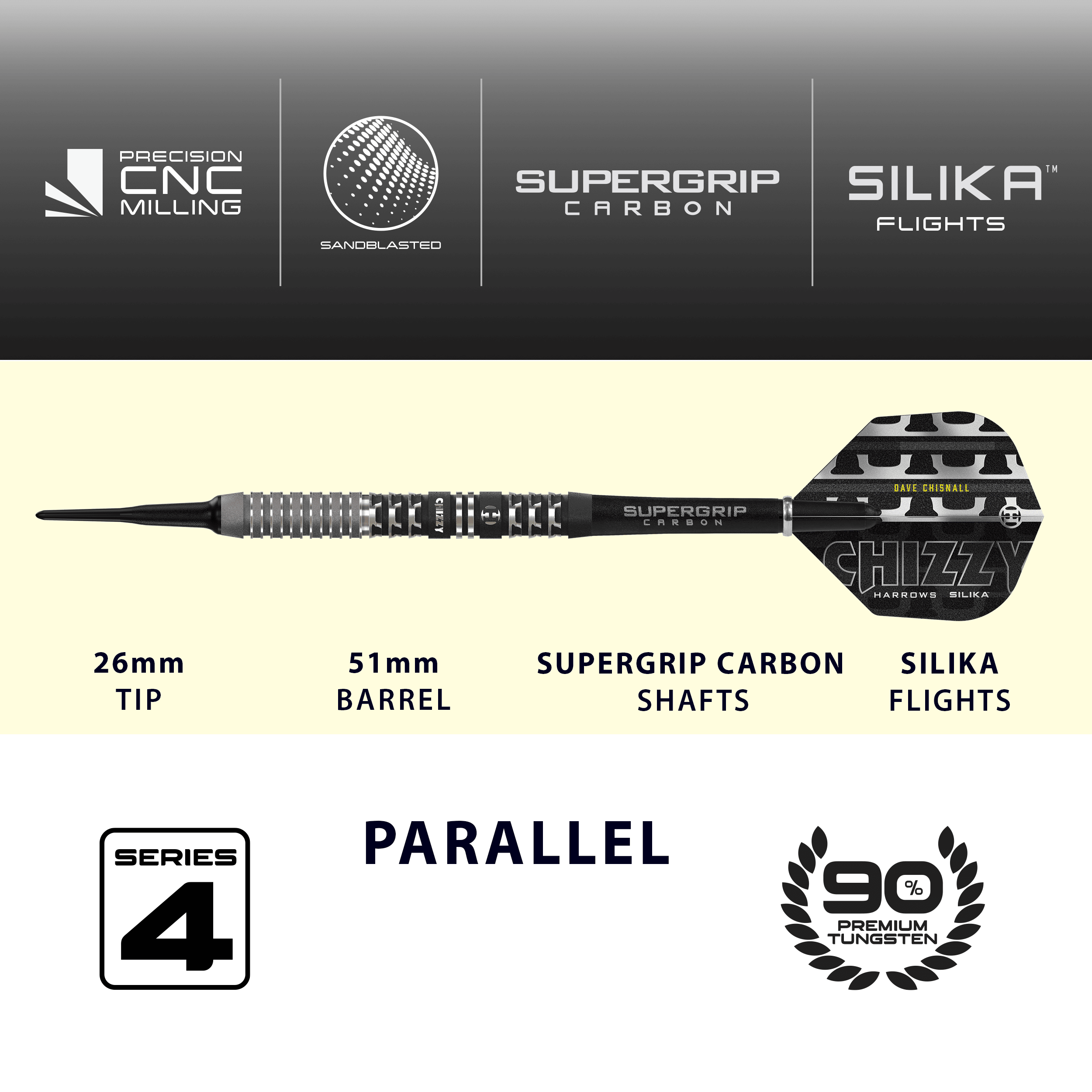 Harrows Dave Chisnall Chizzy Series 4 Softdarts Das Produkt ist die Harrows Dave Chisnall Chizzy Series 4 Softdarts. Es richtet sich an Spieler, die Softdarts bevorzugen.