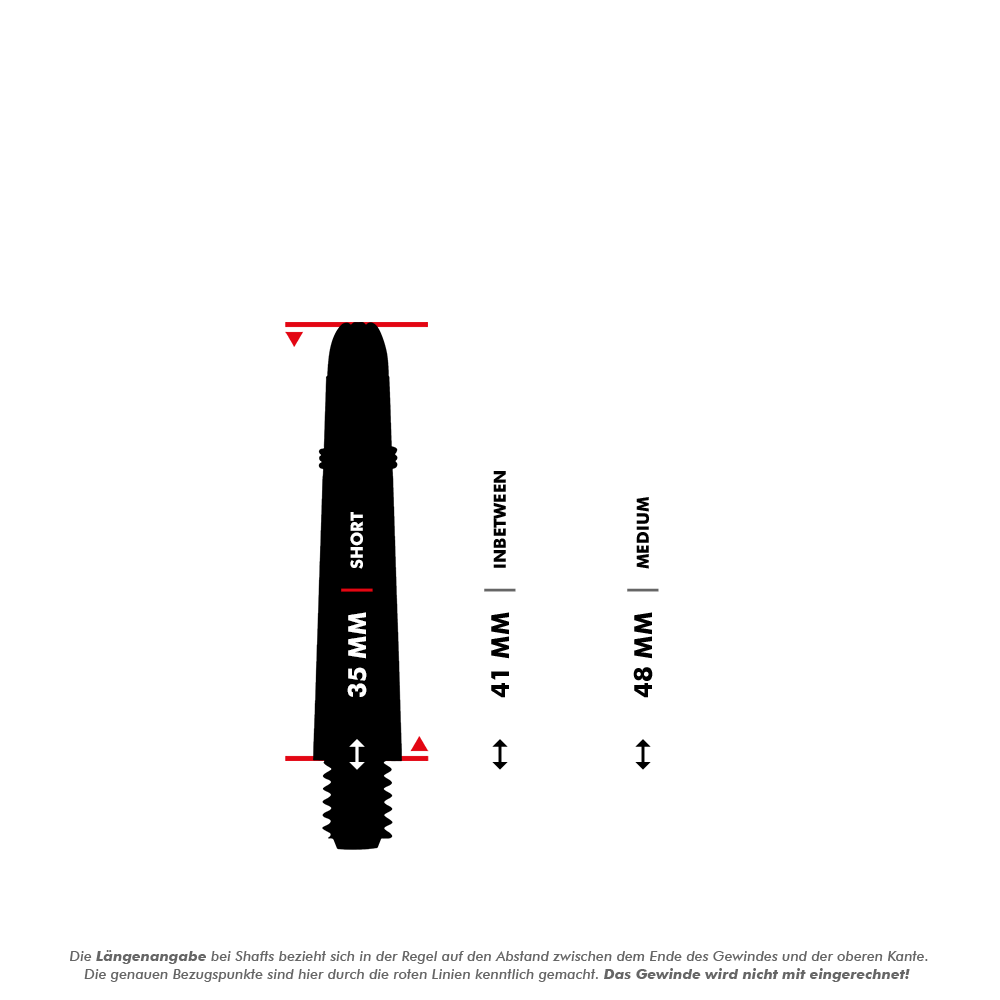 Das Bild zeigt drei verschiedene Längen von Carbon-Schäften: 35 mm (Short), 41 mm (Inbetween) und 48 mm (Medium). Es wird durch rote Linien verdeutlicht, wie die Längen gemessen werden, wobei das Gewinde nicht mit eingerechnet wird.