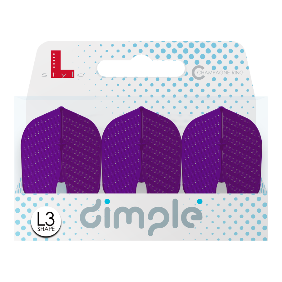 Das Bild zeigt eine Verpackung mit drei lila Dart-Flights namens "L-Style Flights Dimple Champagne L3PRO Shape". Die Verpackung ist weiß mit blauen Punkten und gut lesbarer Produktbeschriftung.