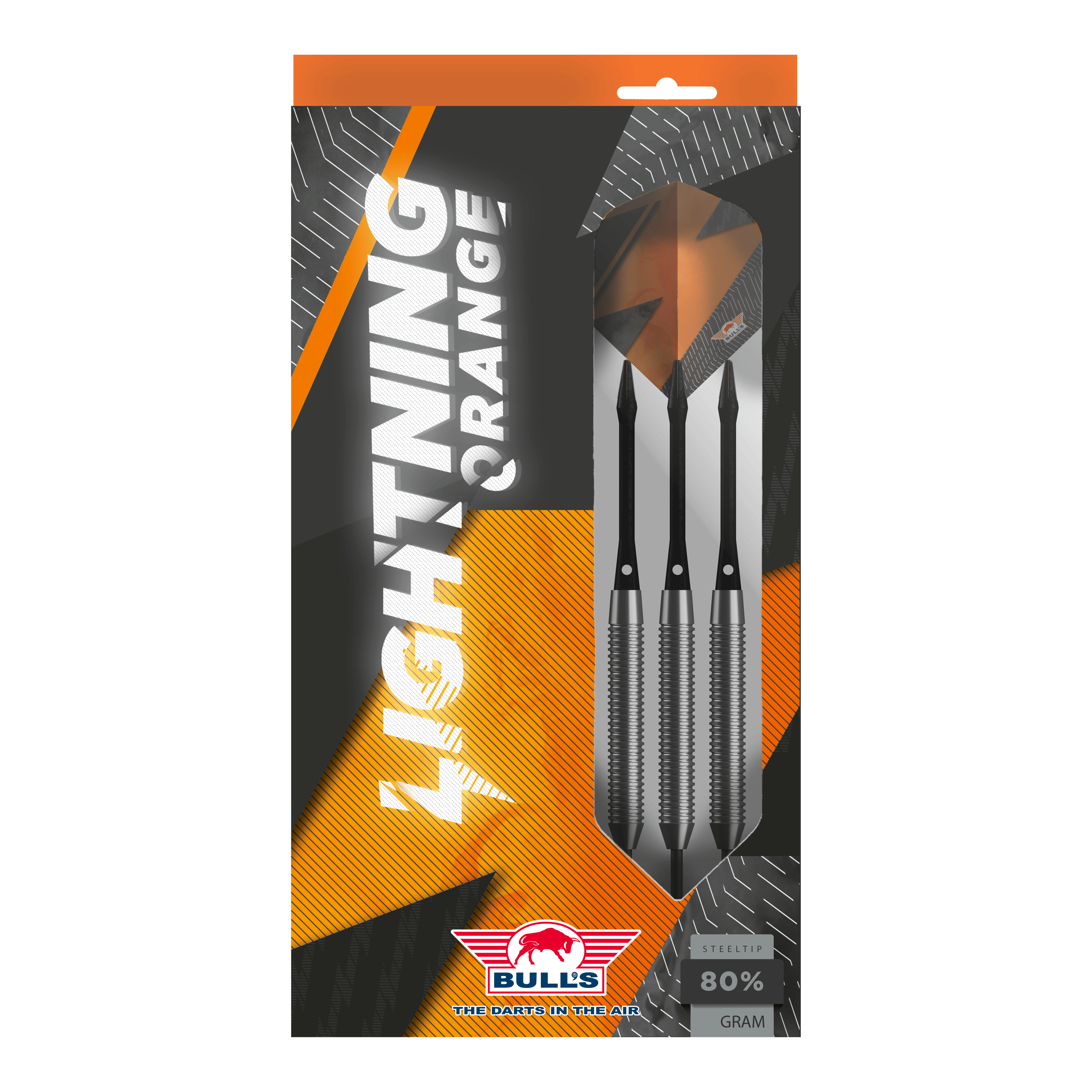 Bulls NL Lightning Orange Steeldarts Das Bild zeigt die Verpackung der "Bulls NL Lightning Orange Steeldarts". In der Packung befinden sich drei Steeldarts mit orange-schwarzem Design.