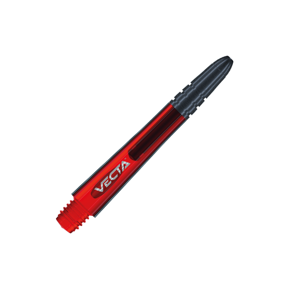 7025-403_Winmau_Vecta_Shafts_Rot_37mm_2 Das Bild zeigt einen roten Dartschaft mit der Aufschrift "VECTA". Der Schaft hat eine schwarze Spitze und einen glänzenden, modernen Look.