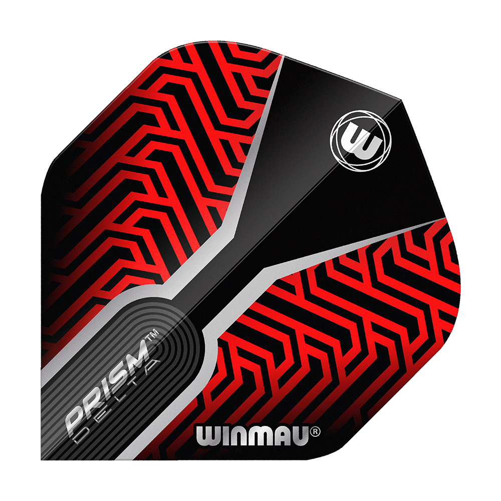 Dies ist das Winmau Prism Delta Kairos No2 Standard Flights Rot. Das Flight hat ein auffälliges rotes und schwarzes Muster mit geometrischen Linien und dem Winmau-Logo.
