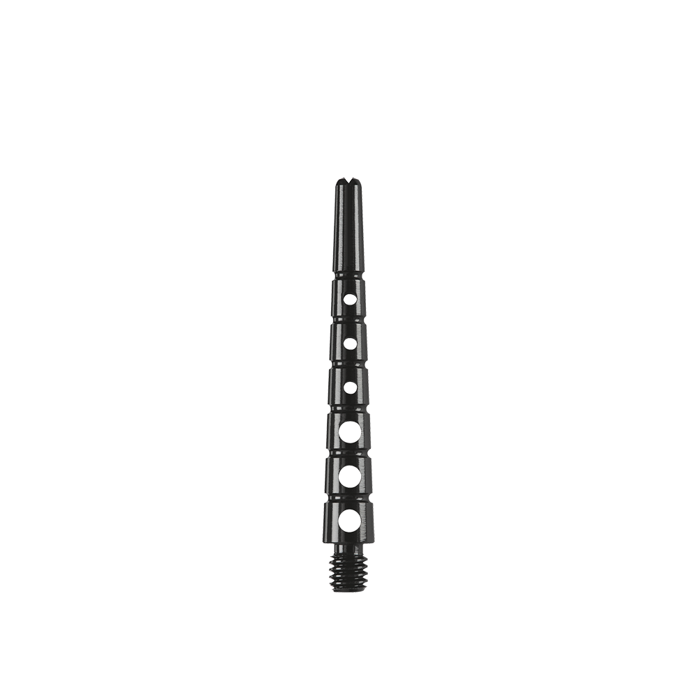 901941_Harrows_Graflite_Shafts_Schwarz_11bSMzeGzjzeGV Das Bild zeigt einen Harrows Graflite Shaft in der Länge 41 mm. Der Dartshaft ist schwarz und hat mehrere runde Aussparungen im Schaft.