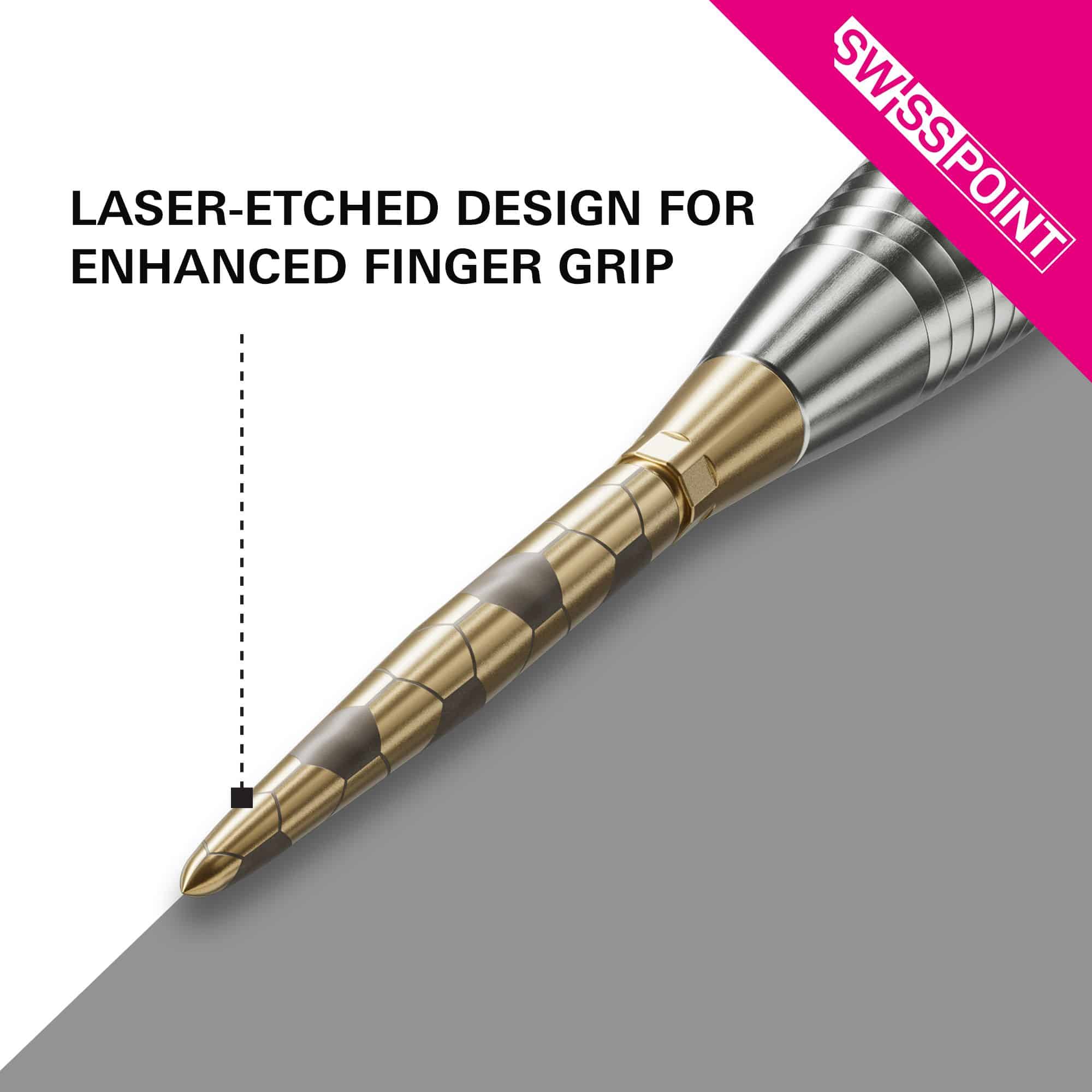Das Bild zeigt die goldene Target Swiss Storm Onyx Point Dartspitze mit einem lasergravierten Design. Dieses Design sorgt für einen verbesserten Fingergriff.