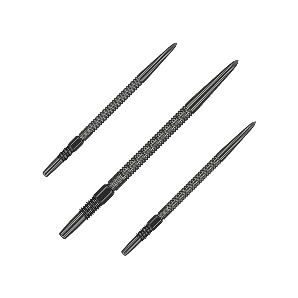 Target Swiss Point GRD Black Dartspitzen Das Bild zeigt drei Target Swiss Point GRD Black Dartspitzen. Die Spitzen sind schwarz und haben eine strukturierte, griffige Oberfläche.