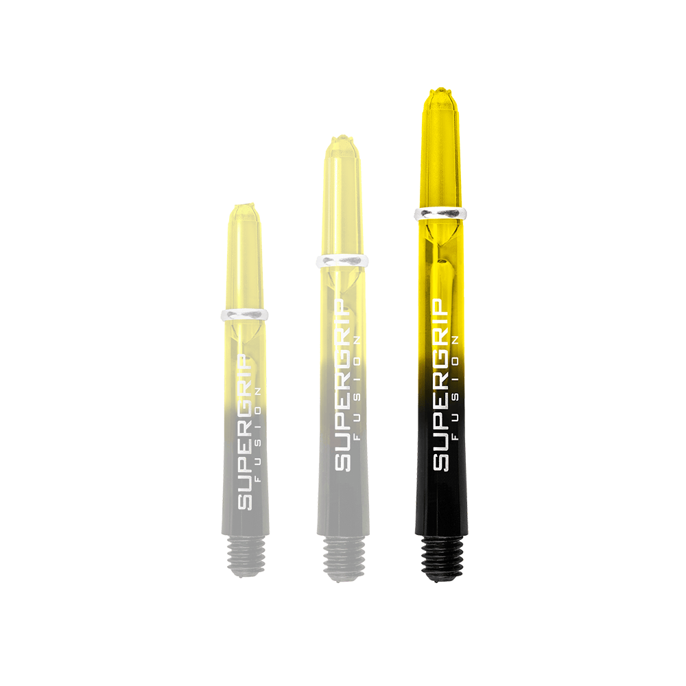 HR350_Harrows_Supergrip_Fusion_Shafts_Gelb_47mm_1x2Cug2o2lCsc2 Das Bild zeigt drei Harrows Supergrip Fusion Shafts in der Farbe Gelb. Die Shafts sind in verschiedenen Längen angeordnet und haben ein modernes, transparentes Design.