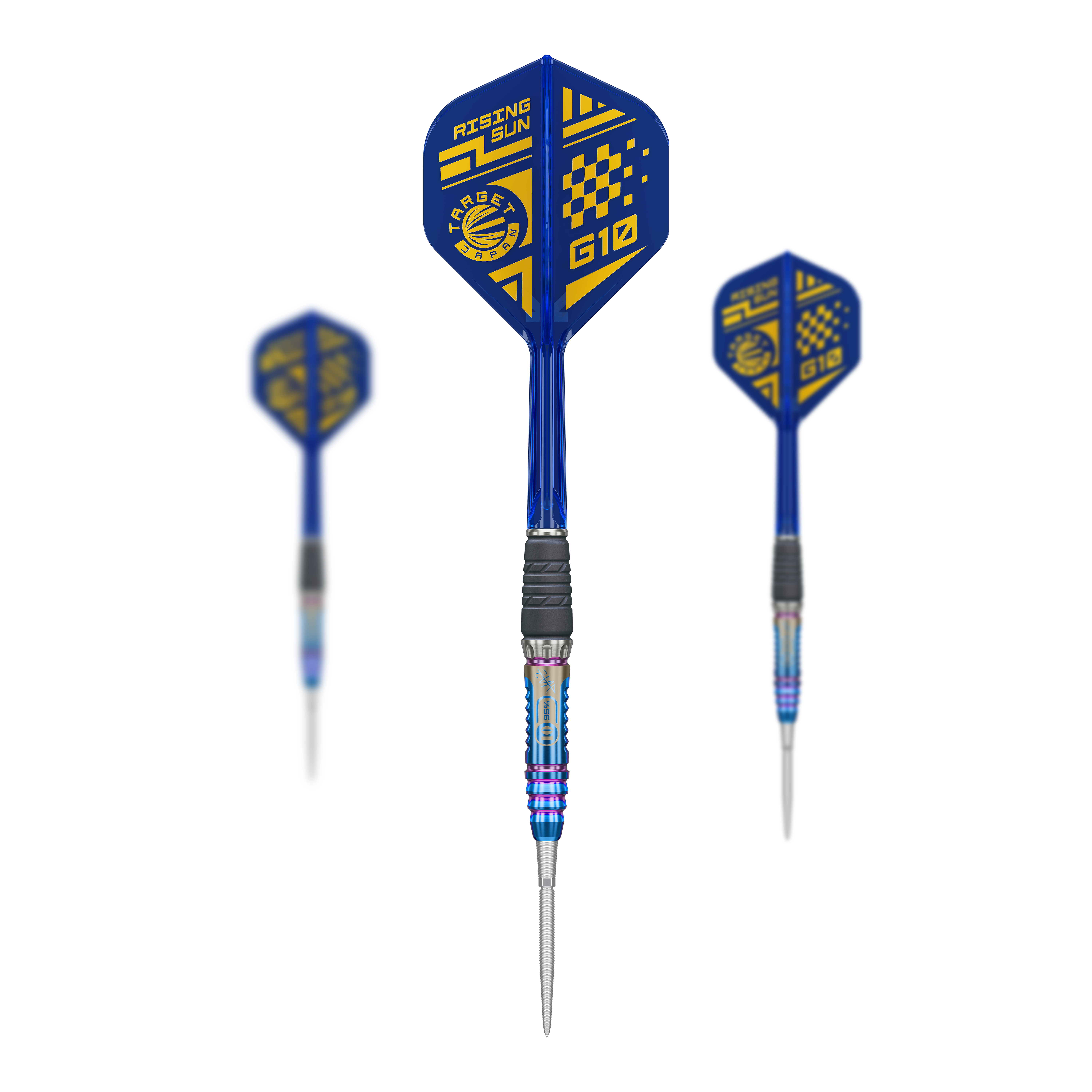 Target Japan Rising Sun GEN10 Swiss Point Steeldarts Abgebildet sind die Target Japan Rising Sun GEN10 Swiss Point Steeldarts als komplettes Set. Die Darts werden mit Schaft und Flights präsentiert.
