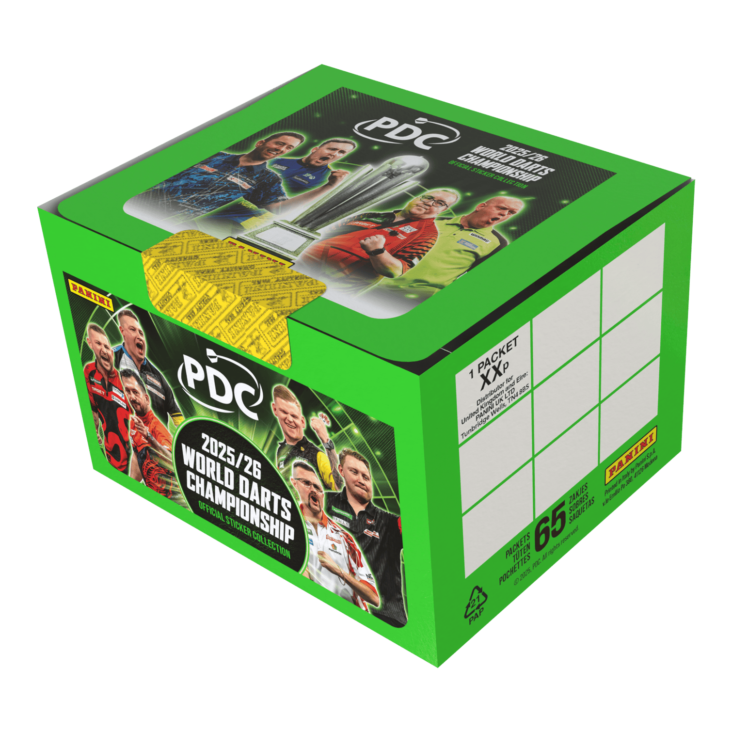 Panini PDC World Darts Championship 2025/26 - Stickerbox mit 65 Tüten Abgebildet ist die Panini PDC World Darts Championship 2025/26 Stickerbox mit 65 Tüten. Diese Box enthält Stickertüten zum Sammeln von Motiven des Darts-Turniers.