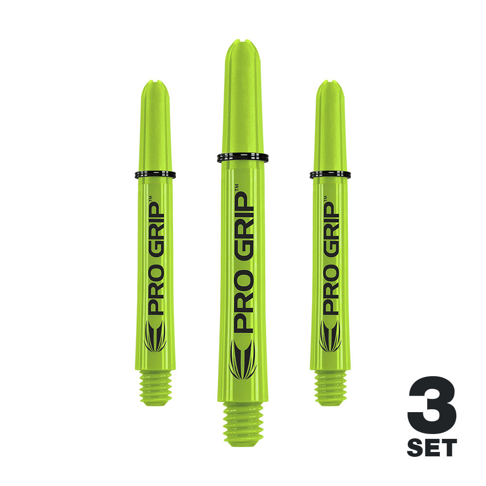 Das Bild zeigt drei limegrüne Pro Grip Shafts für Darts. In der rechten unteren Ecke steht "3 SET".