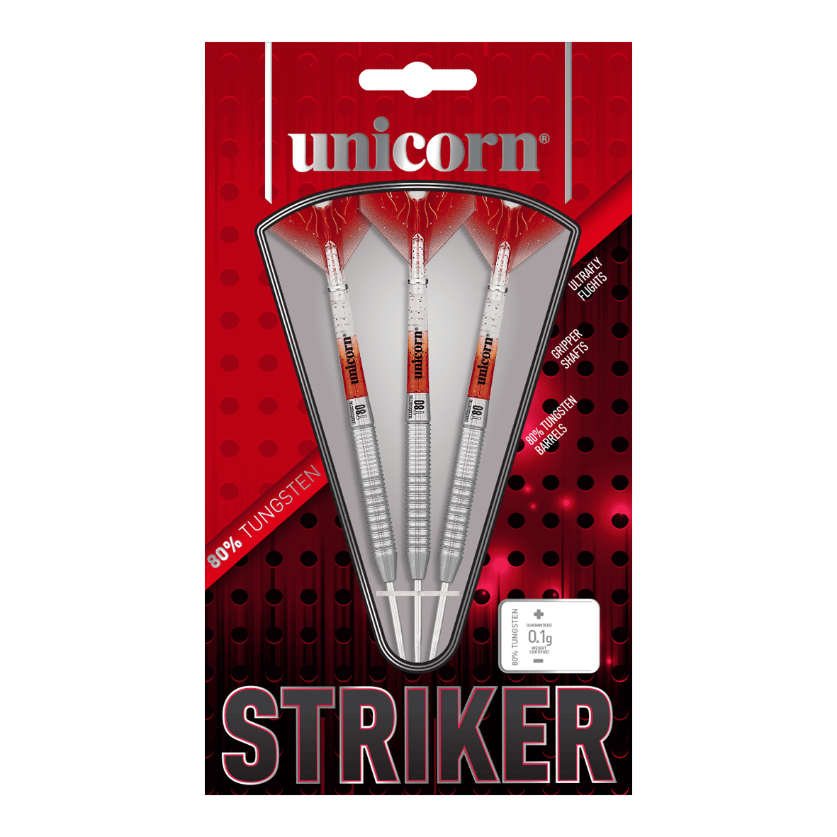 Das Bild zeigt die Verpackung der "Unicorn Core XL Striker Style 5 Steeldarts". In der Packung befinden sich drei Steeldarts mit silbernen Schäften und roten Flights.