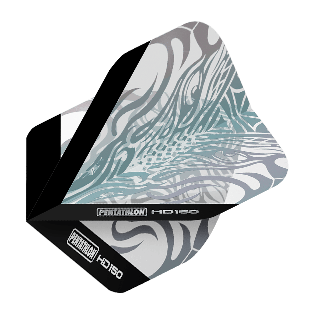 Pentathlon HD150 Metallic Clear Standard Flights Das Bild zeigt das Produkt "Pentathlon HD150 Metallic Clear Standard Flights". Die Dartflight ist größtenteils durchsichtig mit metallisch glänzenden Mustern und schwarzem Rand.