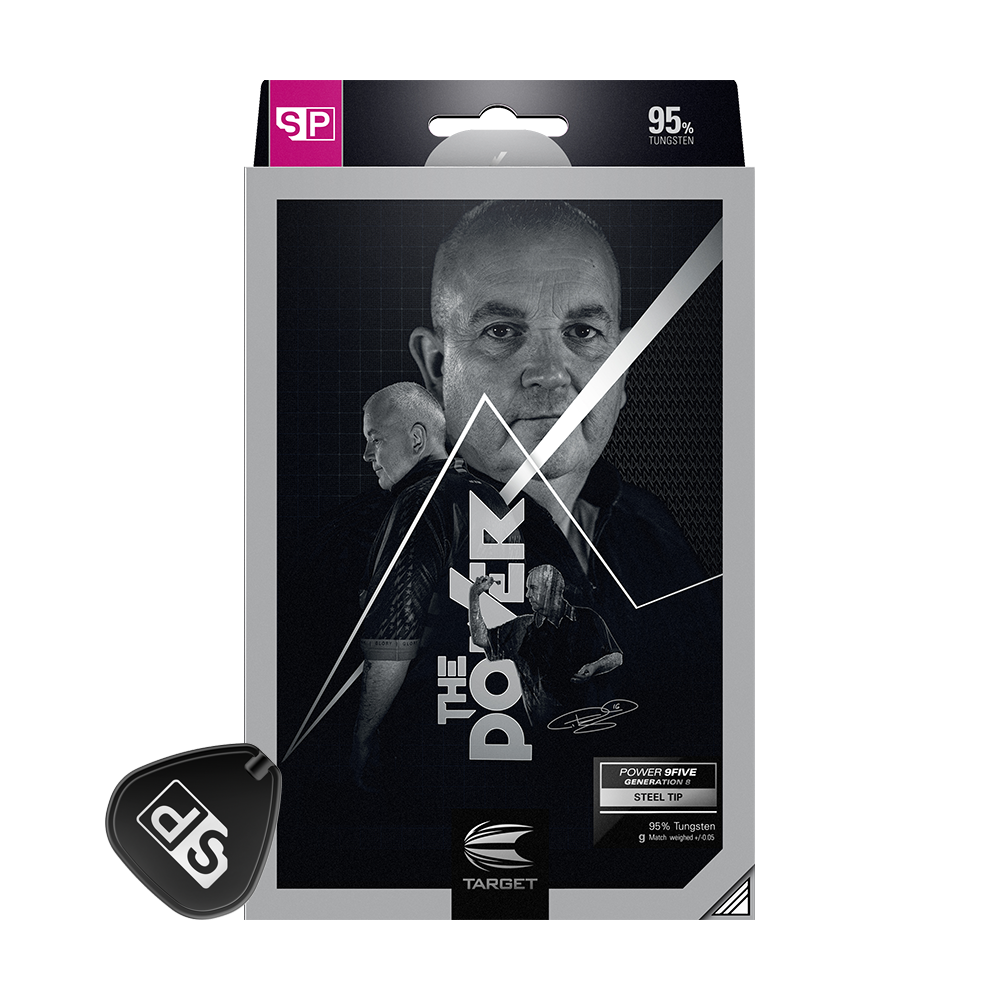 Die Verpackung zeigt die Target Phil Taylor Power 9Five GEN8 Swiss Point Steeldarts. Auf der Vorderseite ist ein Bild von Phil Taylor sowie Produktinformationen abgebildet.