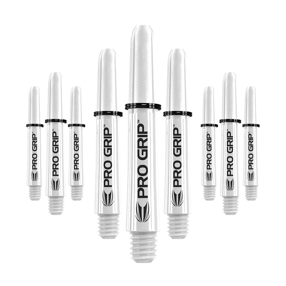 Target Pro Grip Shafts - 3 Sets - Weiß Das Bild zeigt neun weiße Dartschäfte mit der Aufschrift „PRO GRIP“. Sie sind in drei Reihen angeordnet, wobei die mittleren drei am größten sind.