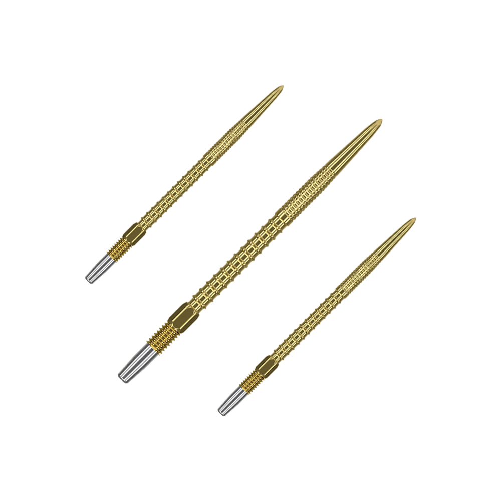 Target Swiss Firepoint Gold Dartspitzen Das Bild zeigt drei goldfarbene Dartspitzen mit silbernen Enden. Sie sind schlank, lang und haben eine strukturierte Oberfläche.