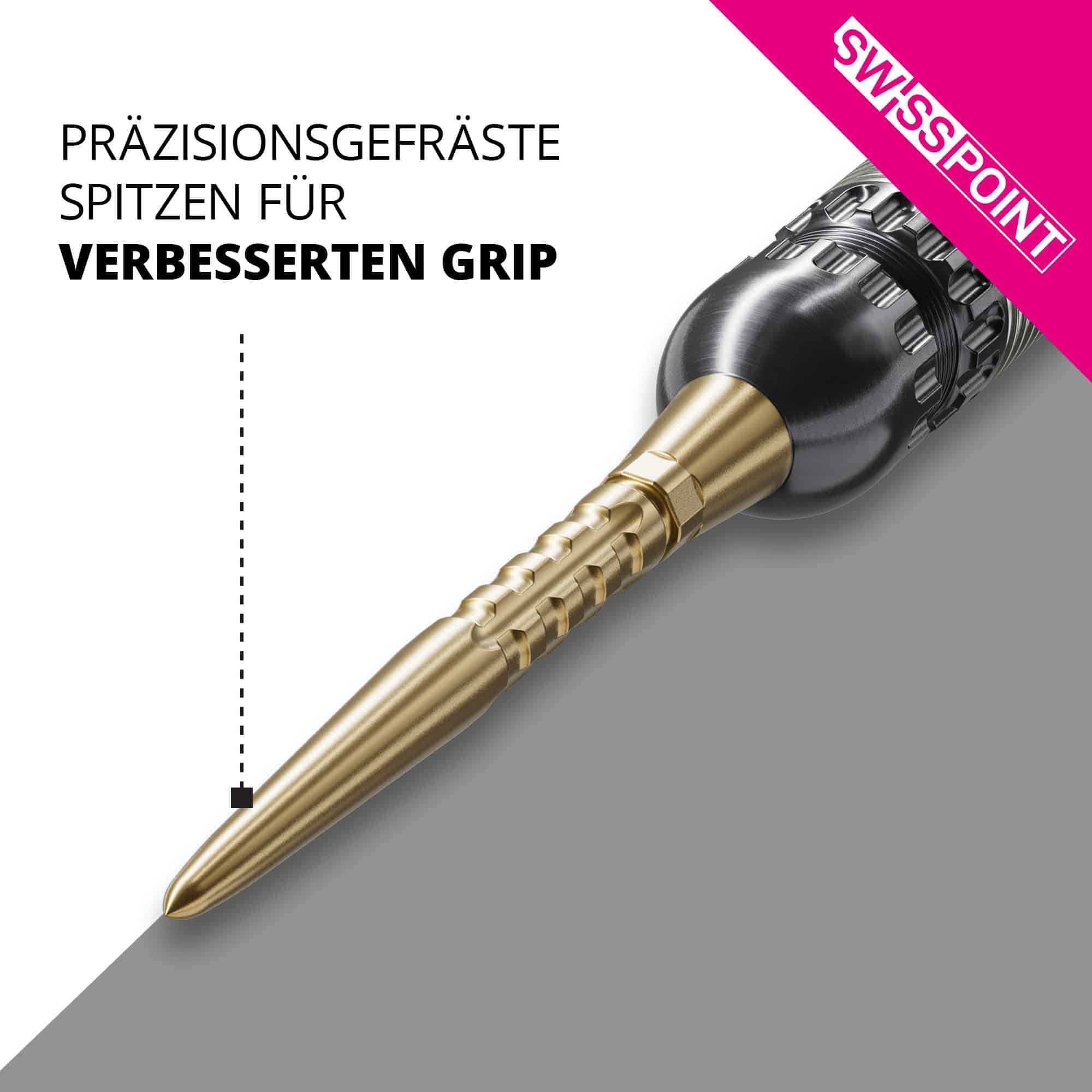 Target Swiss Point Storm Surge Steeldartspitzen - Gold Das Bild zeigt eine goldene Steeldartspitze mit präzisionsgefräster Oberfläche. Im Text wird ein verbesserter Grip durch diese spezielle Spitze hervorgehoben.