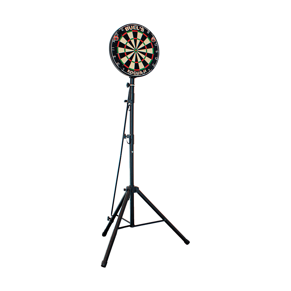 Das Bild zeigt den "Bulls Vibex H Dartboard Ständer" mit einem Dartboard darauf befestigt. Der Ständer hat ein stabiles, dreibeiniges Gestell und ist höhenverstellbar.