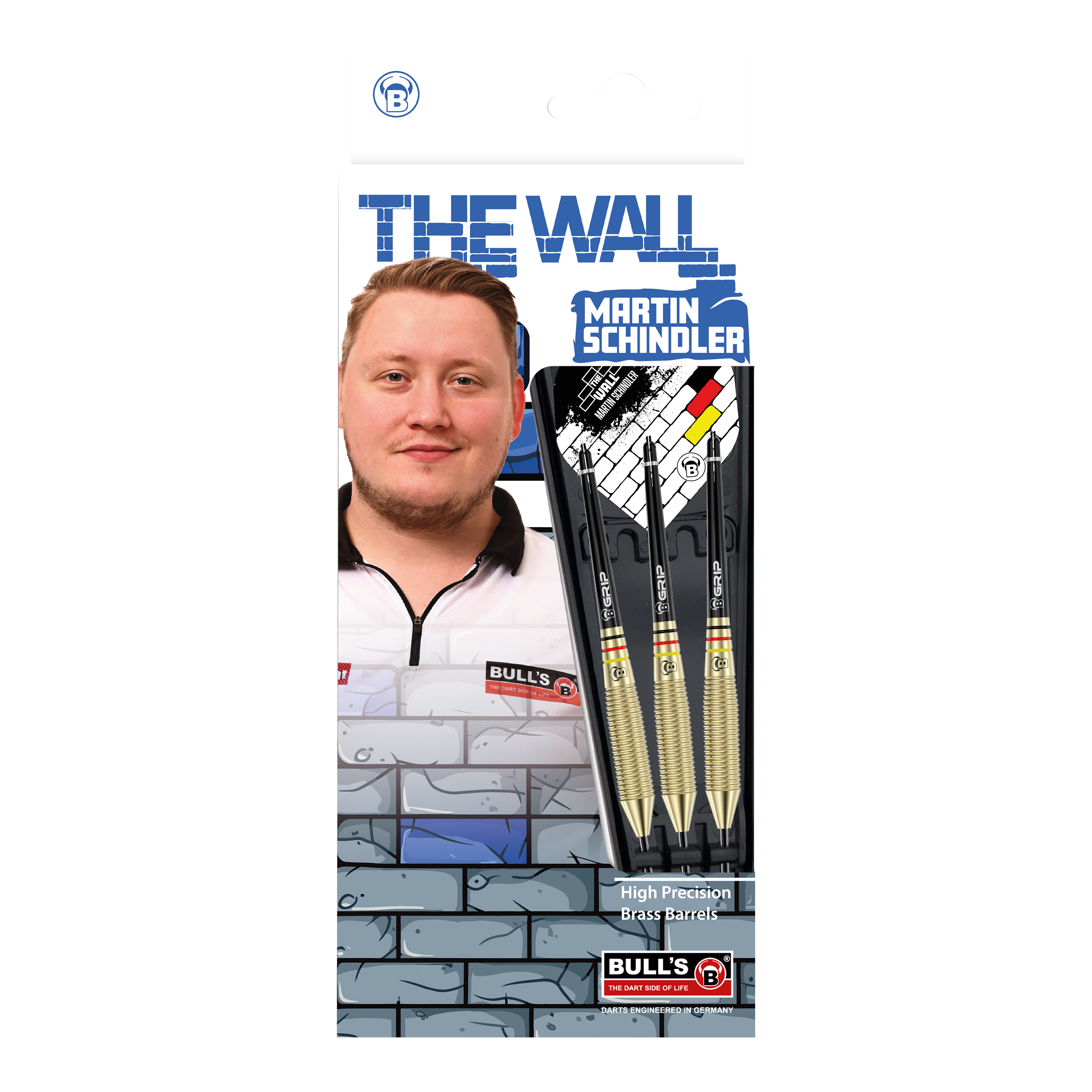 Bulls Martin Schindler The Wall Brass Steeldarts Auf dem Bild ist die Verpackung der "Bulls Martin Schindler The Wall Brass Steeldarts" zu sehen. Sie zeigt ein Foto von Martin Schindler sowie drei Steeldarts mit Messing-Barrels.